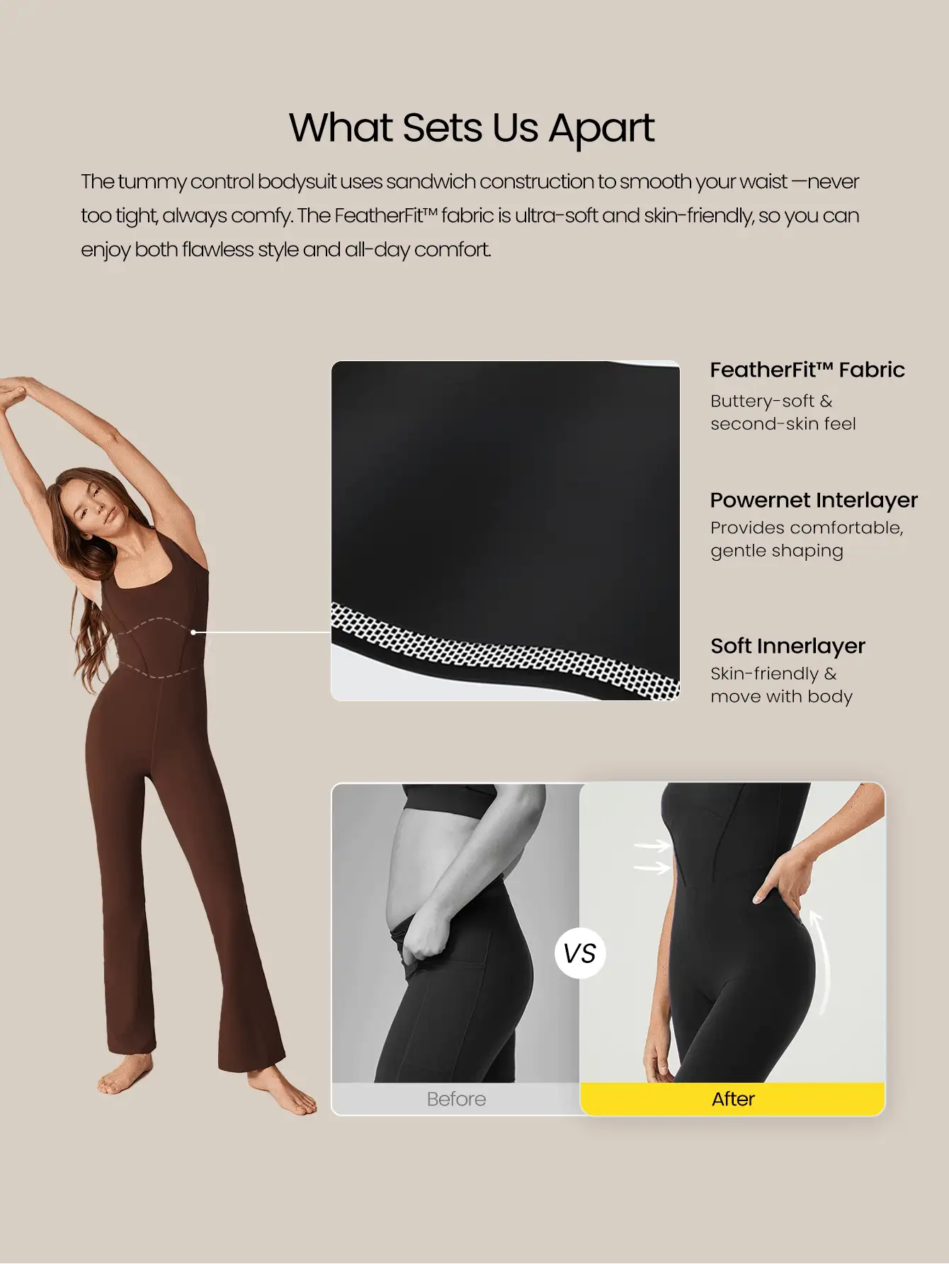 31" FeatherFit™ Tummy Control U-Back Square Neck Flare Jumpsuit Low Impact Yoga Pilates Daily Removable Cups