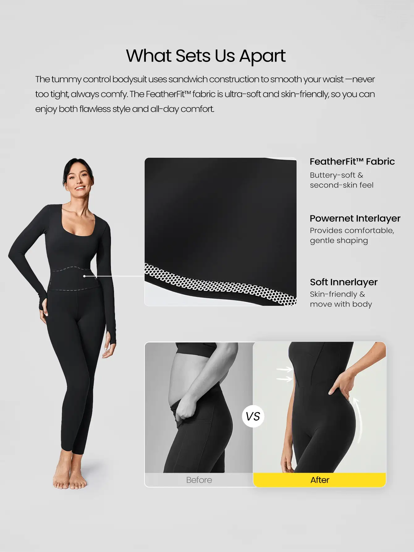 GLOWMODE FeatherFit™ Scoop Neck Tummy Control Jumpsuit Full Length Long Sleeve