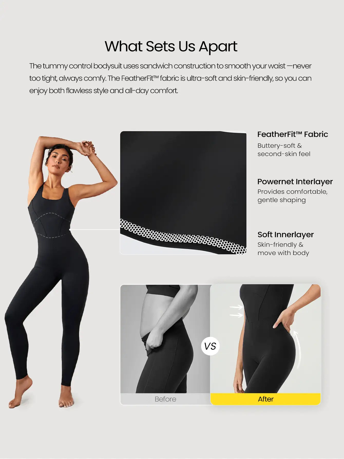 GLOWMODE 24" FeatherFit™ Tummy Control Open Back Gym Yoga Sports Jumpsuit Bodysuit Elegant For Woman