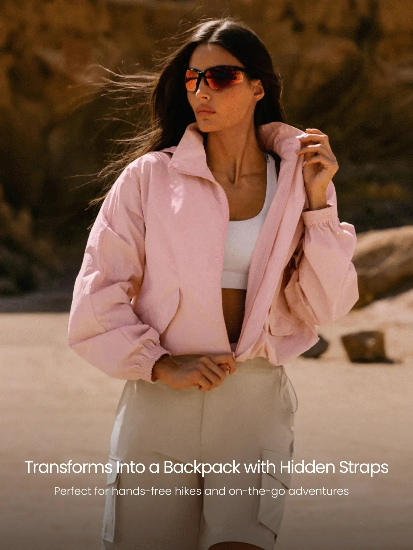 GLOWMODE Vibe Trek 二合一防水翻盖口袋可打包背包夹克秋冬户外徒步慢跑日常运动服 - 粉色 - 查看 3