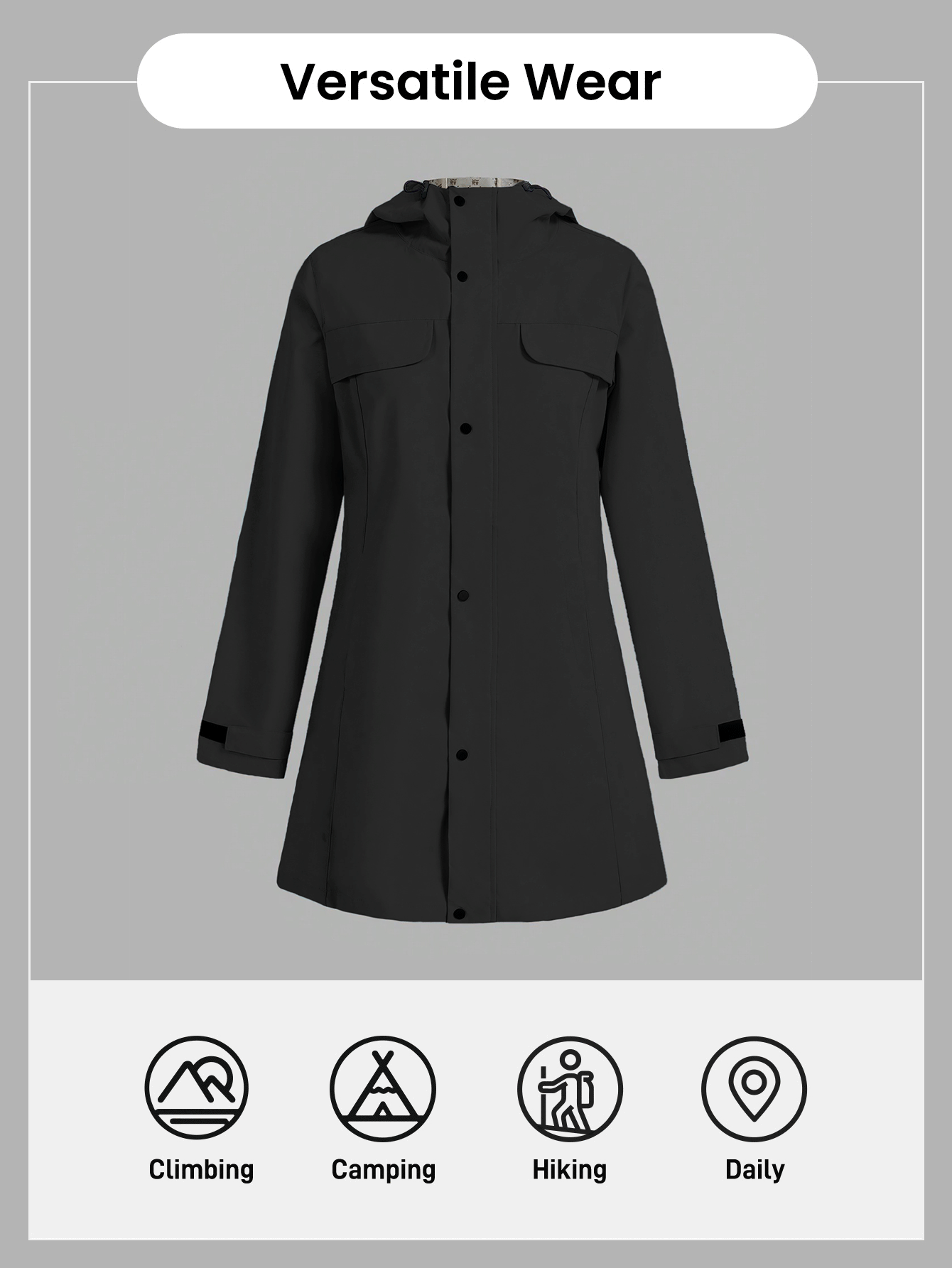 In My Nature Fluorfri vattentät regnjacka utomhus för kvinnor, lämplig för camping, vandring och pendling - Svart - Visa 2