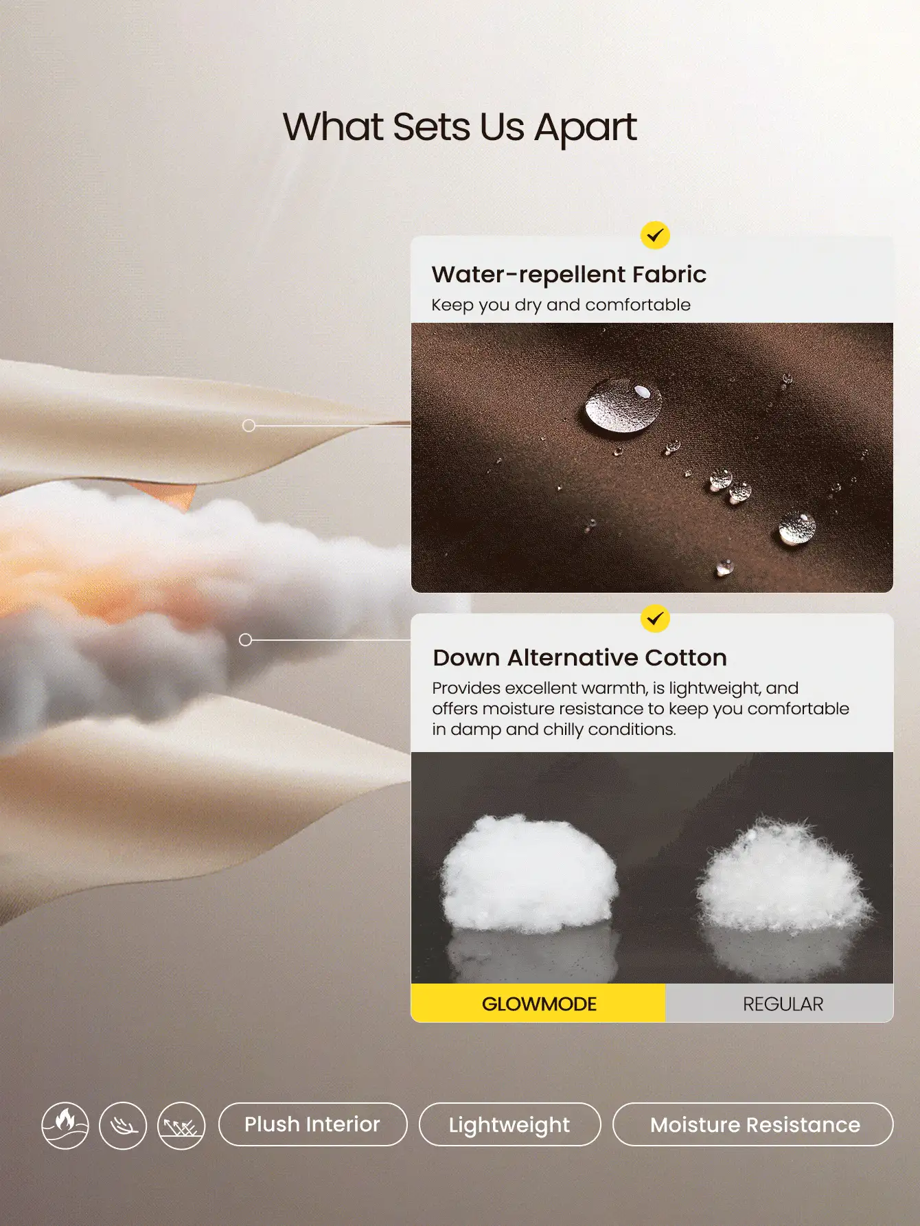 GLOWMODE 捆绑柔软温暖寒冷轻质防水宽弹性腰带拉链口袋可调节抽绳下摆兜帽防羽绒连帽羽绒背心秋冬户外日常休闲 - 肉桂靈感 - 查看 3