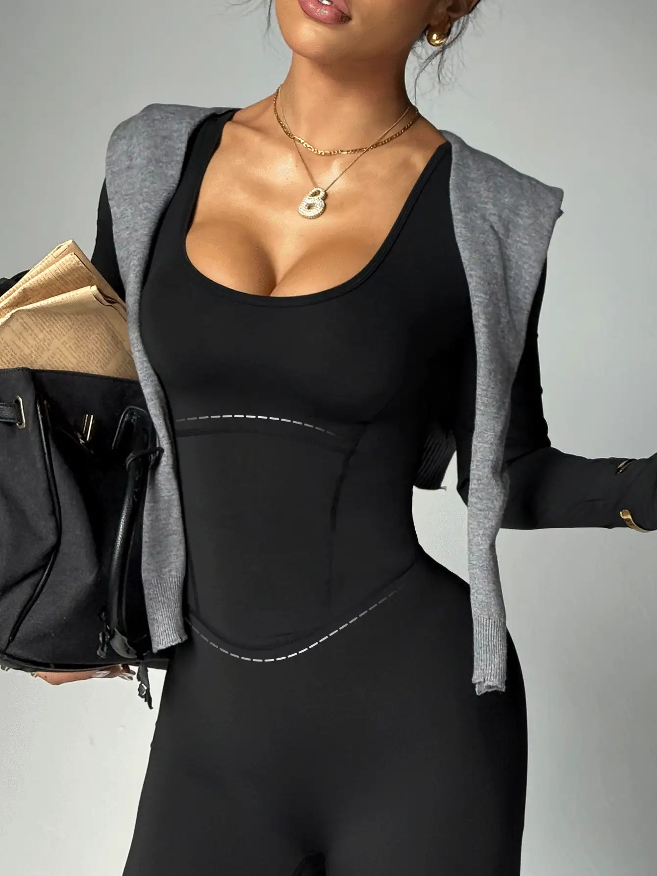 Dewbera Women's Autumn/Winter Jumpsuit, Black Tight-Fitting U-Neck Long Sleeve, Cross Back Strap, Fitted Front Panel, Flared Leg Hem, Suitable For Casual, Running, Yoga, Gym, Tennis And Other Activities Halloween Winter Glowmode Sexy Chillnights - Black - View 2