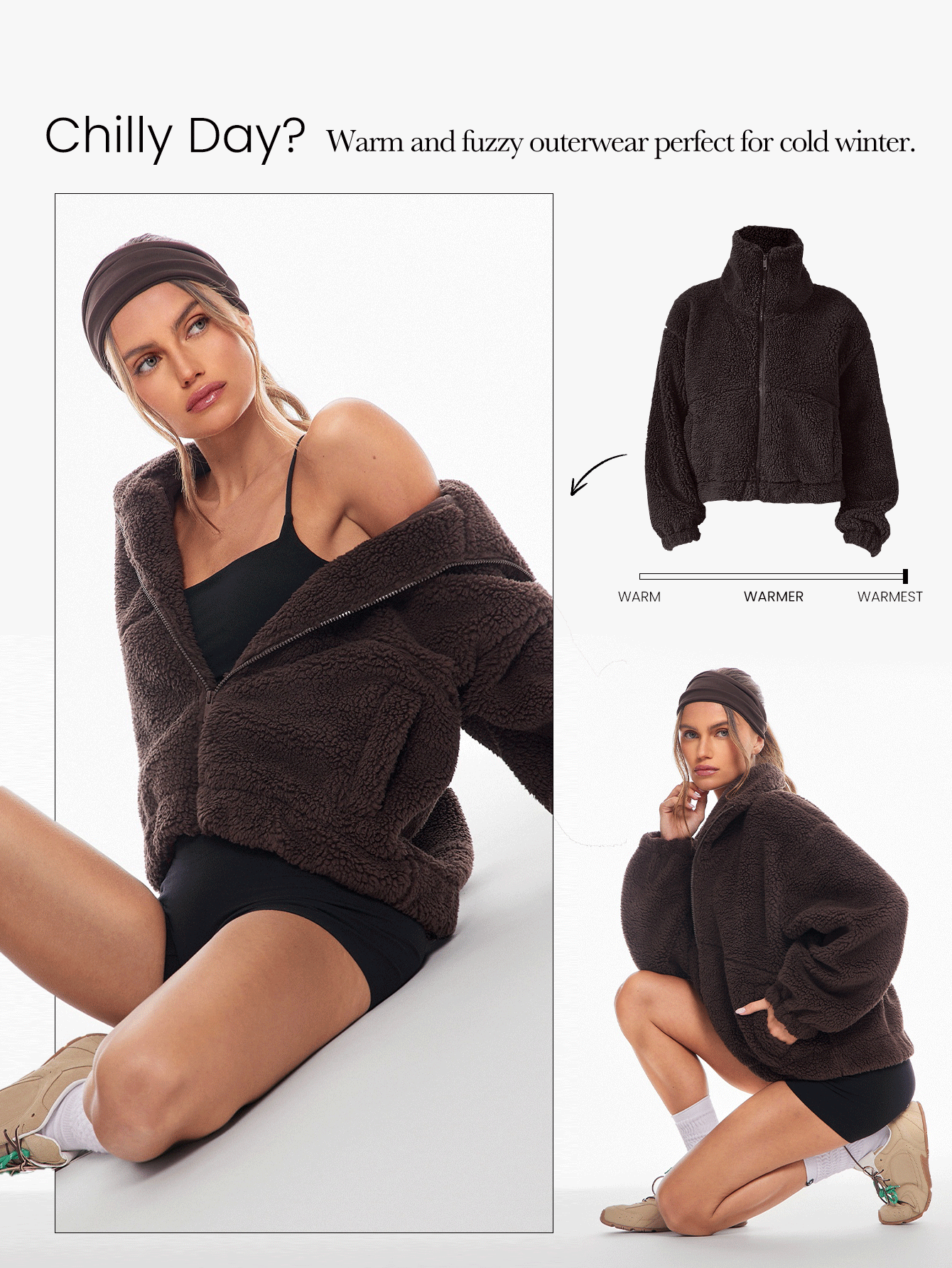 GLOWMODE Chaqueta cómoda y gruesa de polar suave y cálido, con ajuste holgado, cuello alto súper elástico, dobladillo elástico y bolsillos laterales para uso diario y casual en invierno - Marrón Chocolate - Añade 6