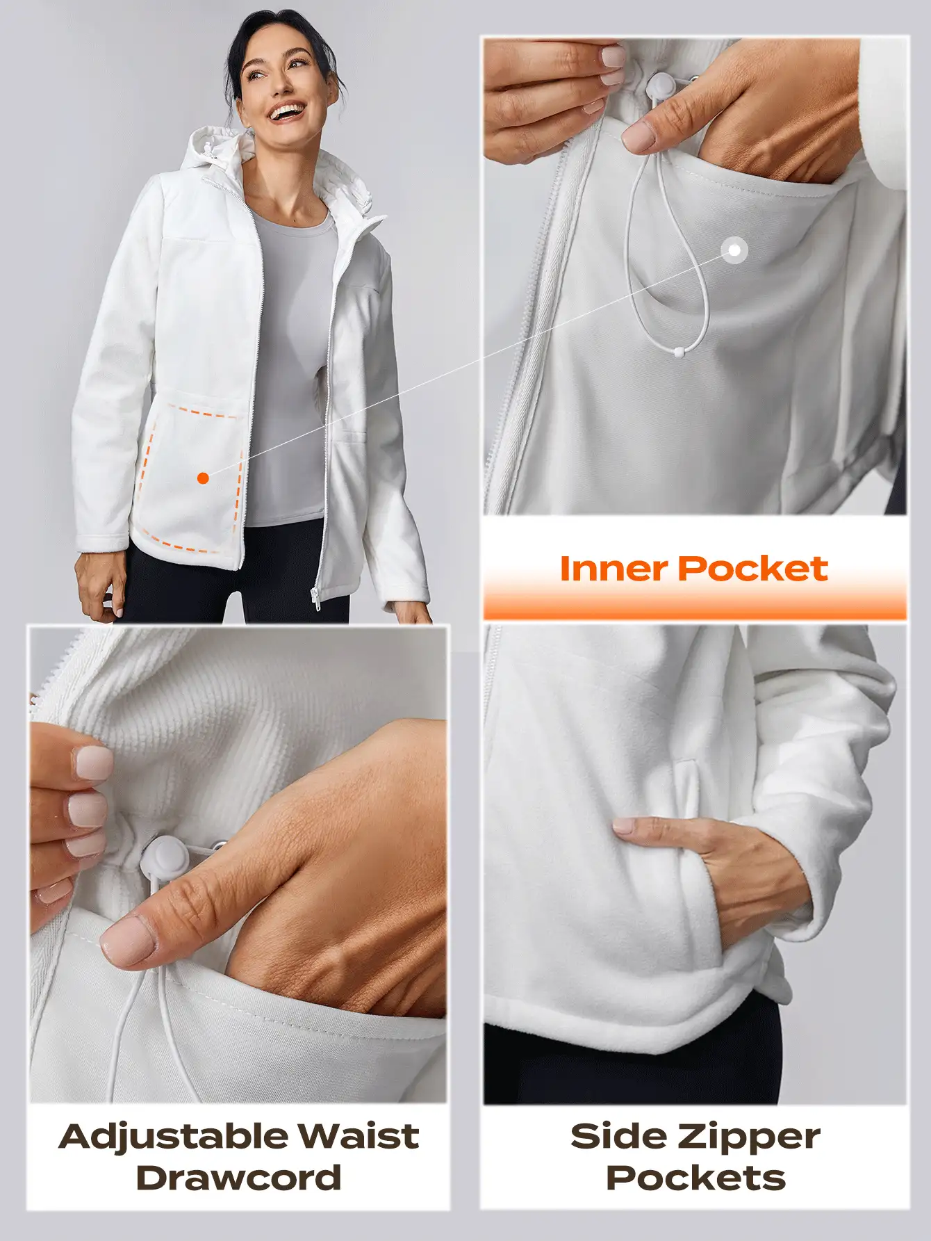 GLOWMODE Thin Polar Fleece Hooded Jacket Warm Fall Winter - White - View 5