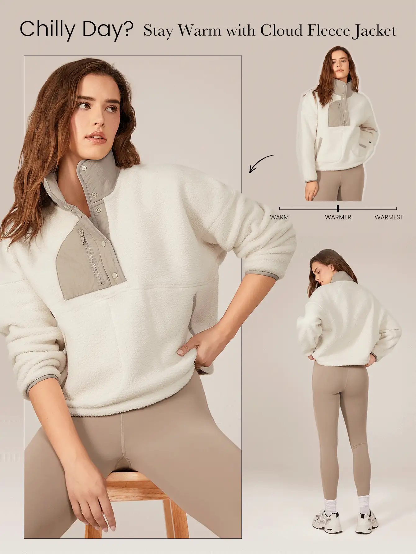 GLOWMODE Cozy Medium Polar Fleece Soft Warm Loose Adjustable Drawstring Hem Two-Tone Jacket Sweatshirt With Side Pockets Daily Casual Fall Winter - Beige - View 7