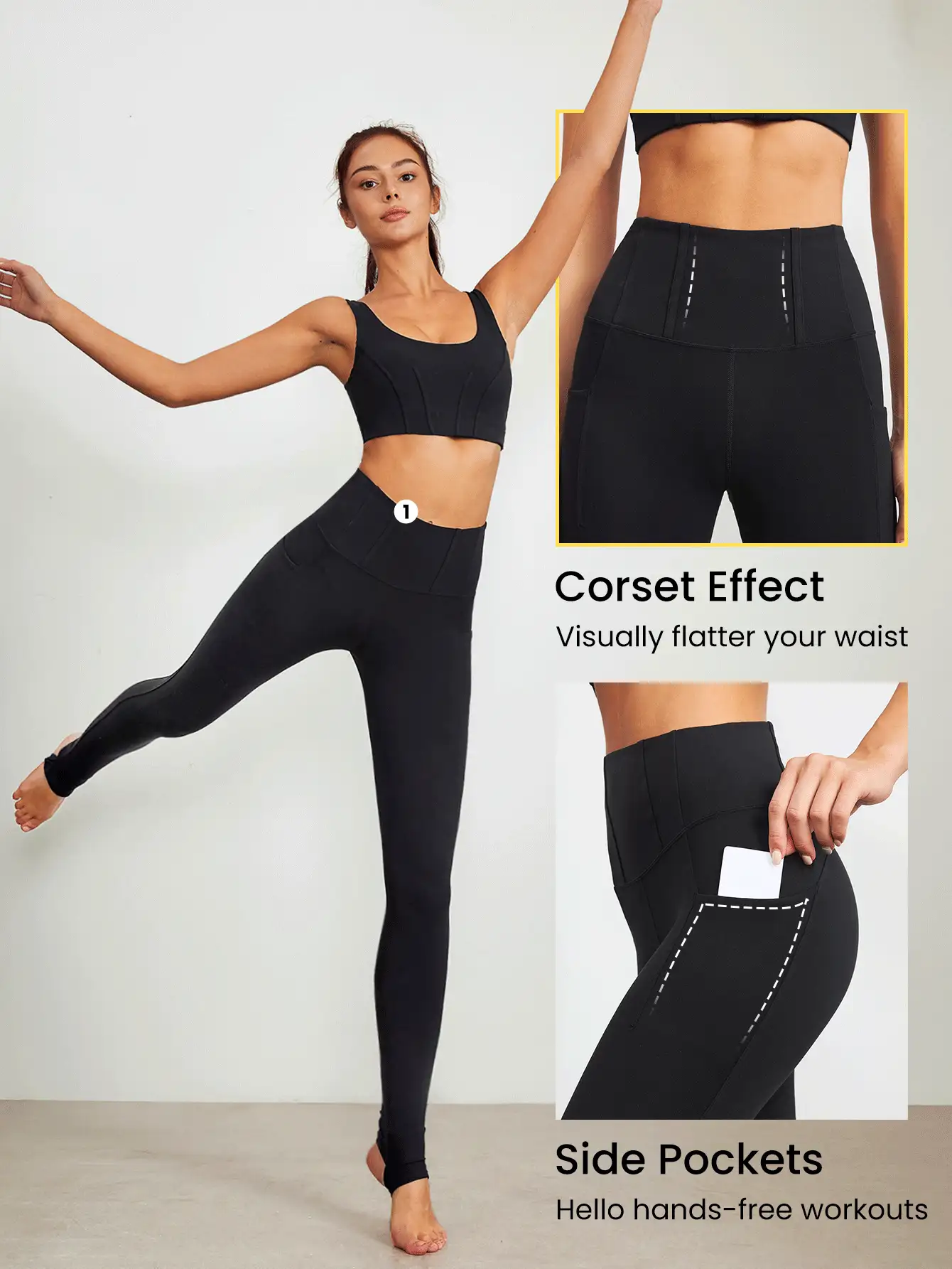 GLOWMODE 28" FeatherFit™ Hiệu ứng áo nịt ngực Eo Quần legging Stirrup Với túi - màu đen - Xem 2