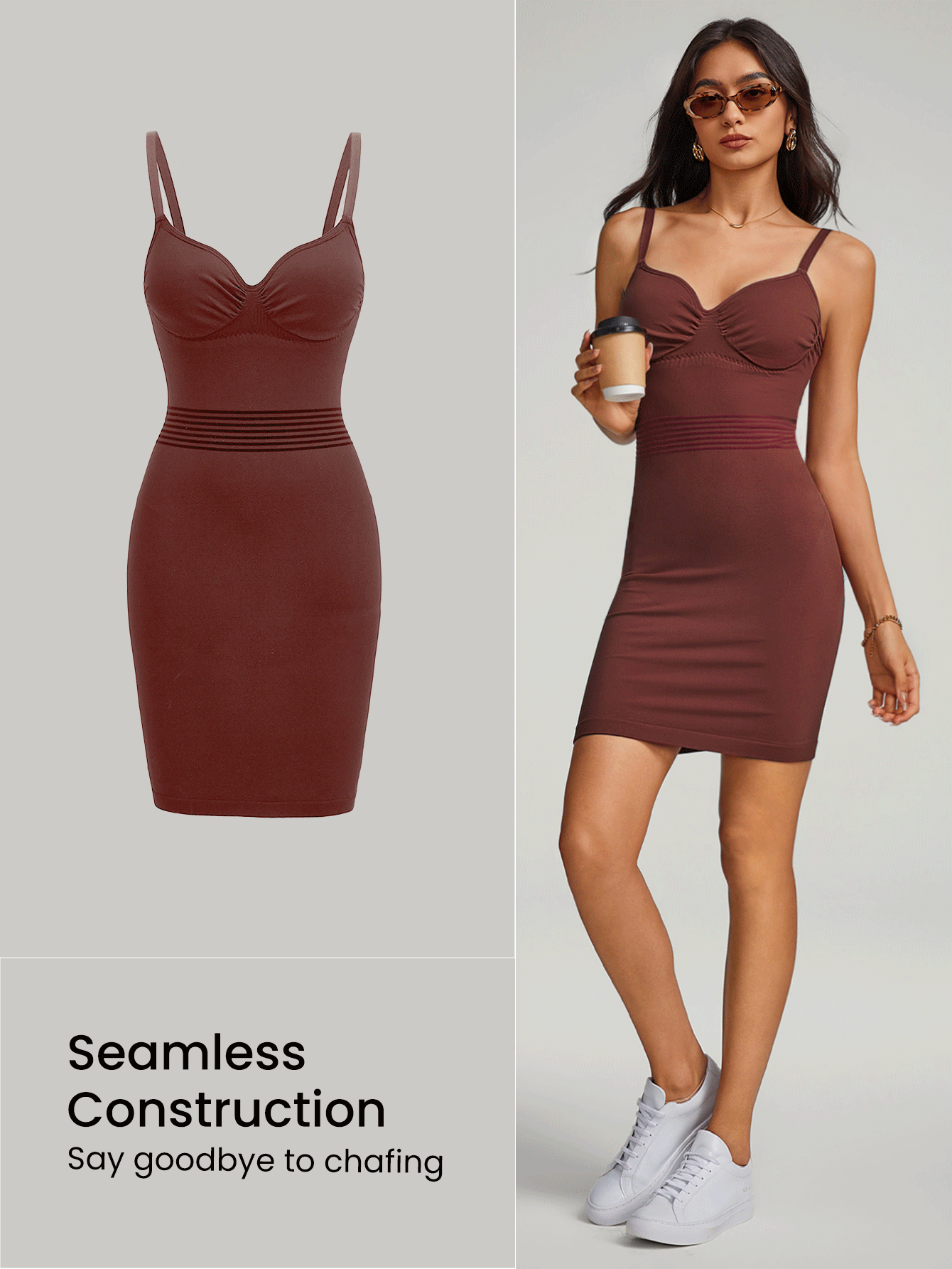 GLOWMODE Seamless Bustier Tummy Control Adjustable Bodycon Slip Dress Light Support Low Impact Daily Casual - Brown - View 6