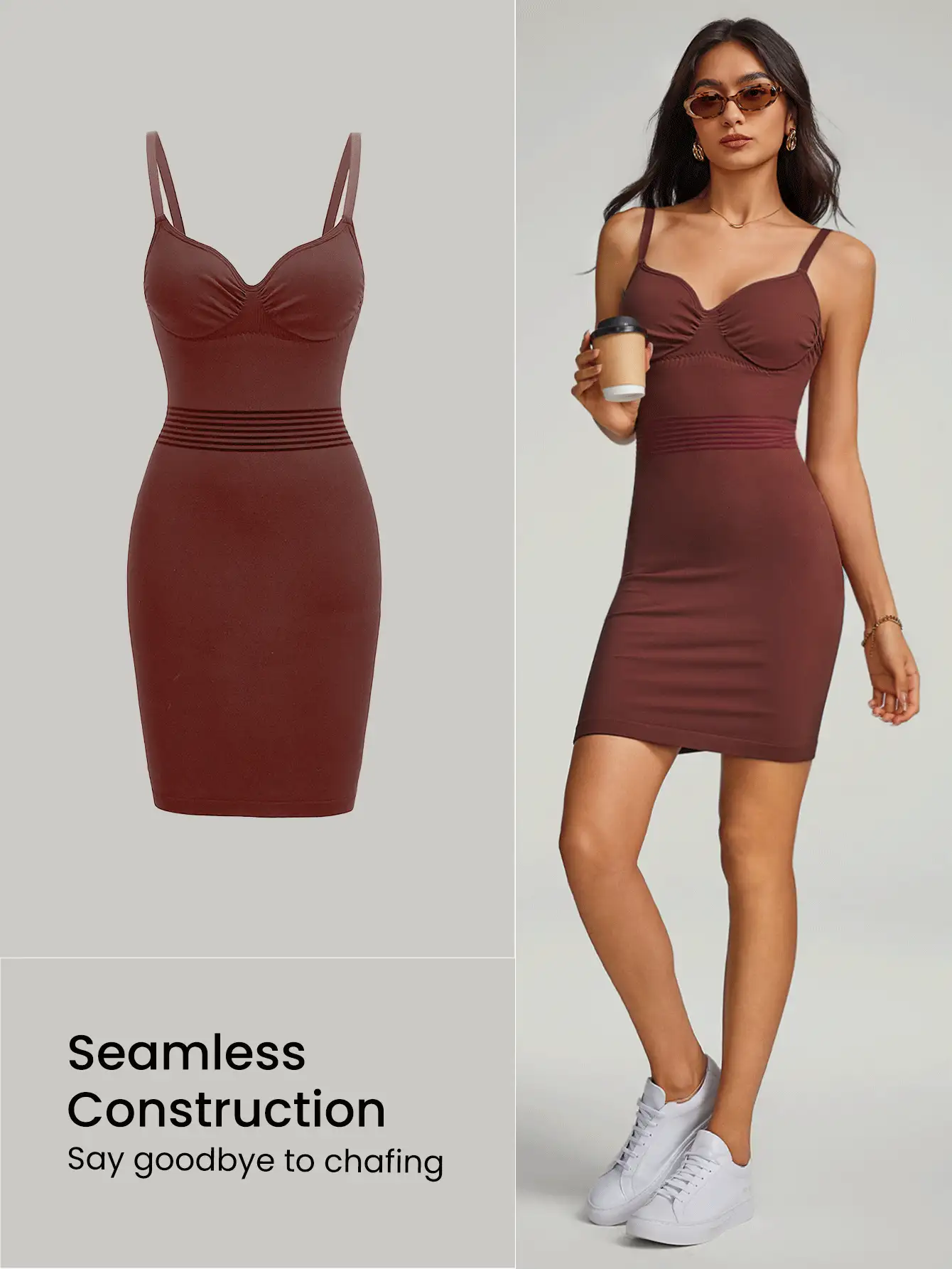 GLOWMODE Seamless Bustier Tummy Control Adjustable Bodycon Slip Dress Light Support Low Impact Daily Casual - Brown - View 6
