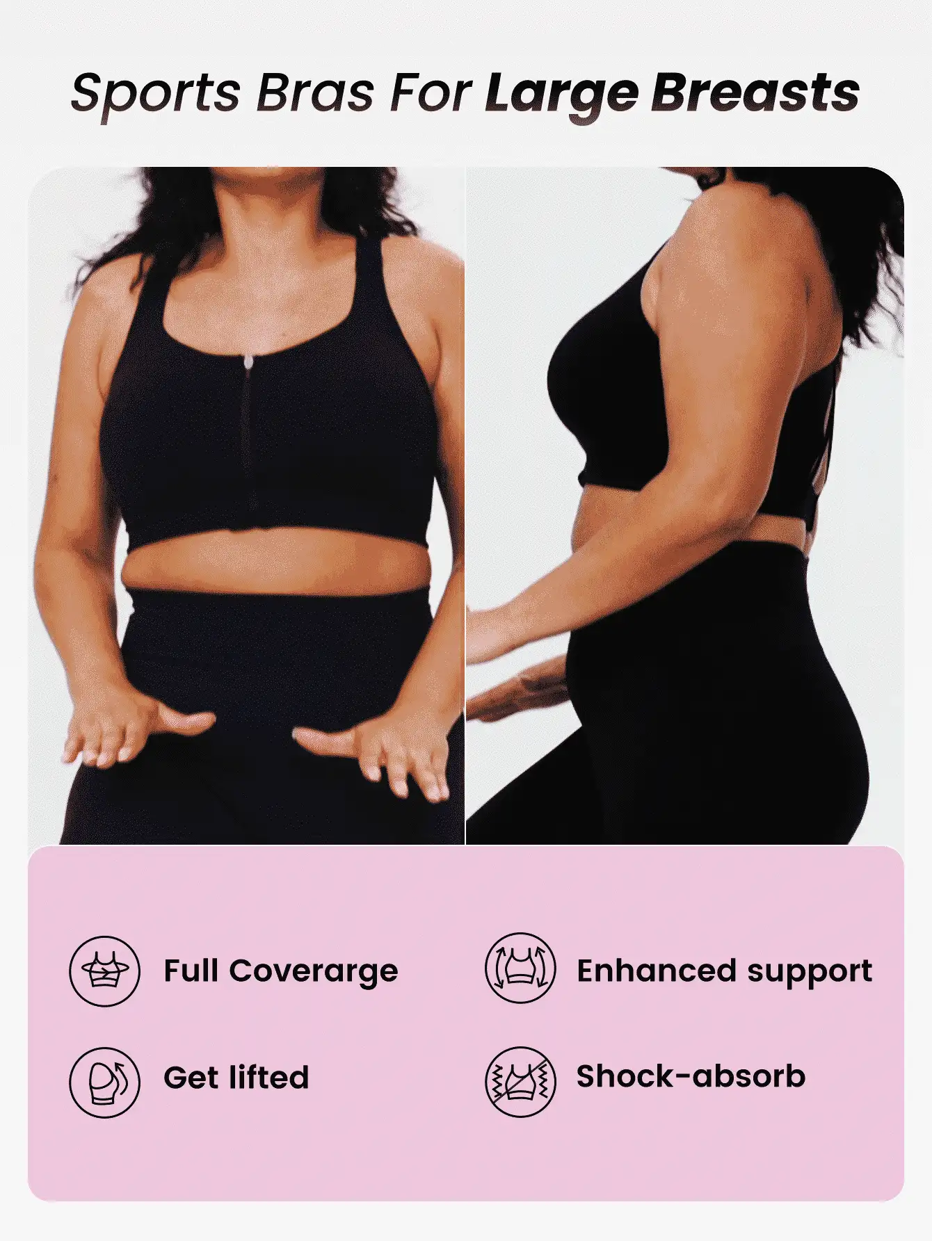 GLOWMODE Plus Medium Support Black Zip Front Buckle Up Racerback Wide Adjustable Strap Sports Bra Yoga Plus Size Sports Bra - Black - View 2