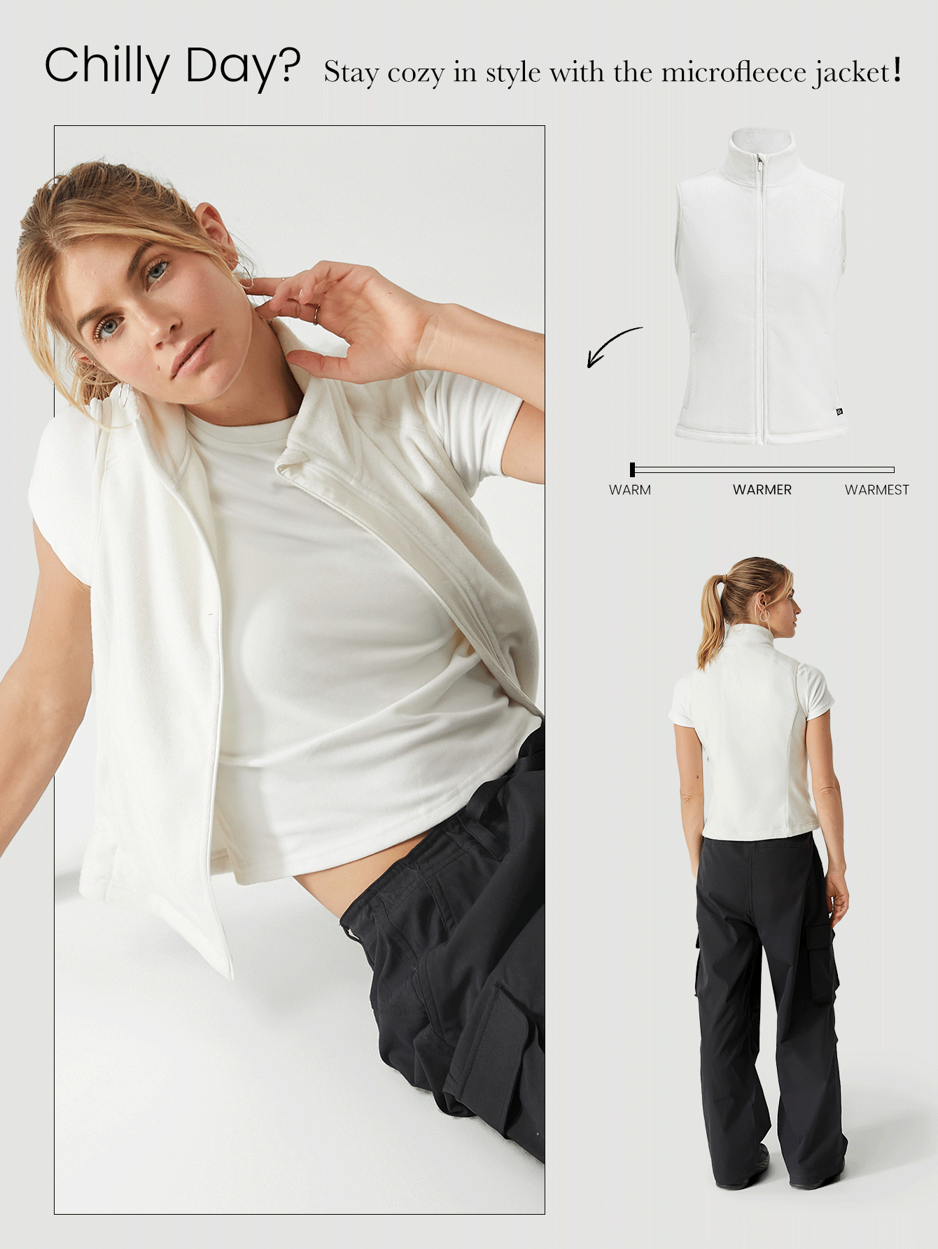 GLOWMODE Áo vest mỏng, mềm mại, ấm áp, co giãn, vừa vặn, có túi bên hông, mặc hàng ngày, thường ngày, thu đông - trắng - Xem 6