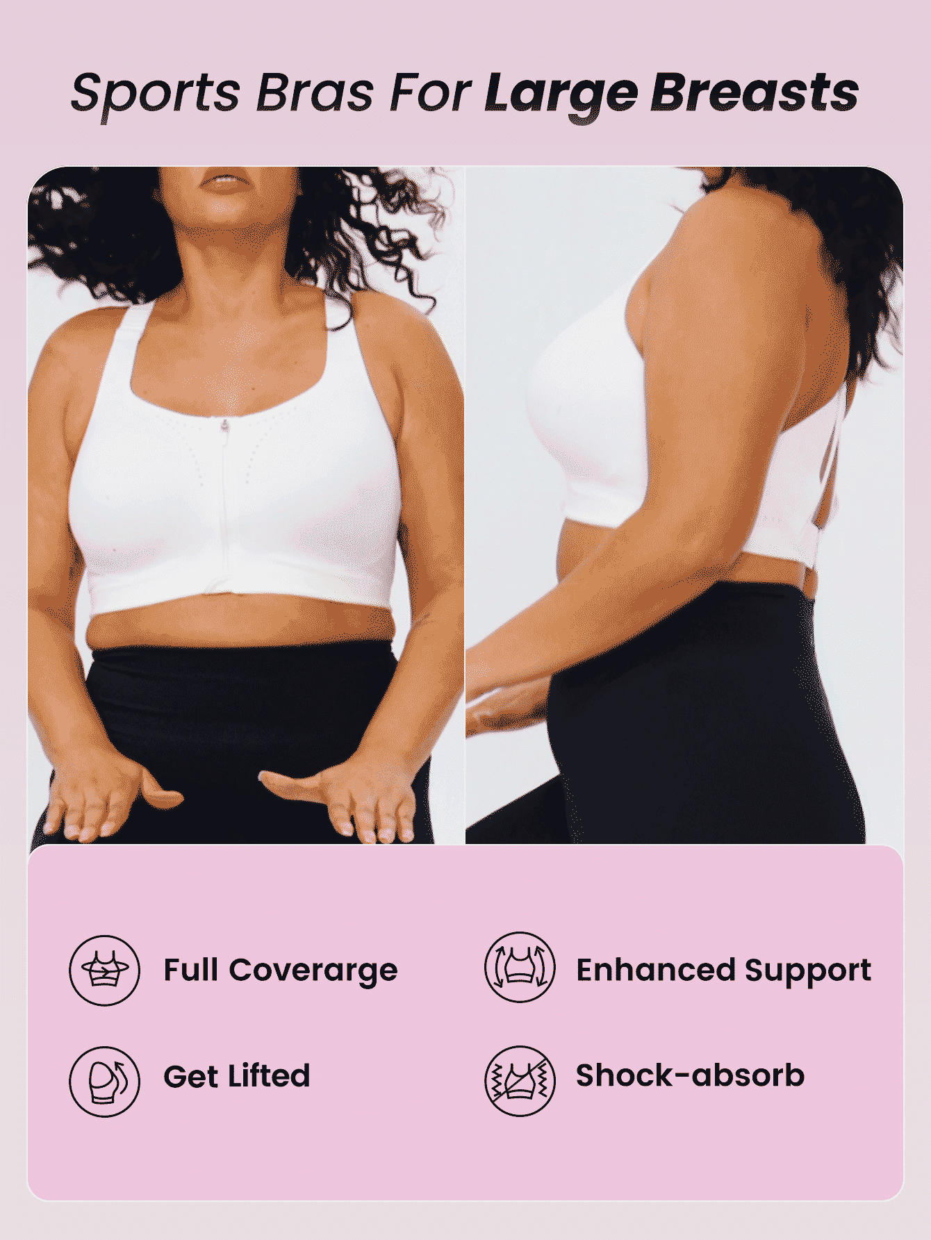 GLOWMODE Plus Medium Support Black Zip Front Buckle Up Racerback Wide Adjustable Strap Sports Bra Yoga Plus Size Sports Bra - White - View 2