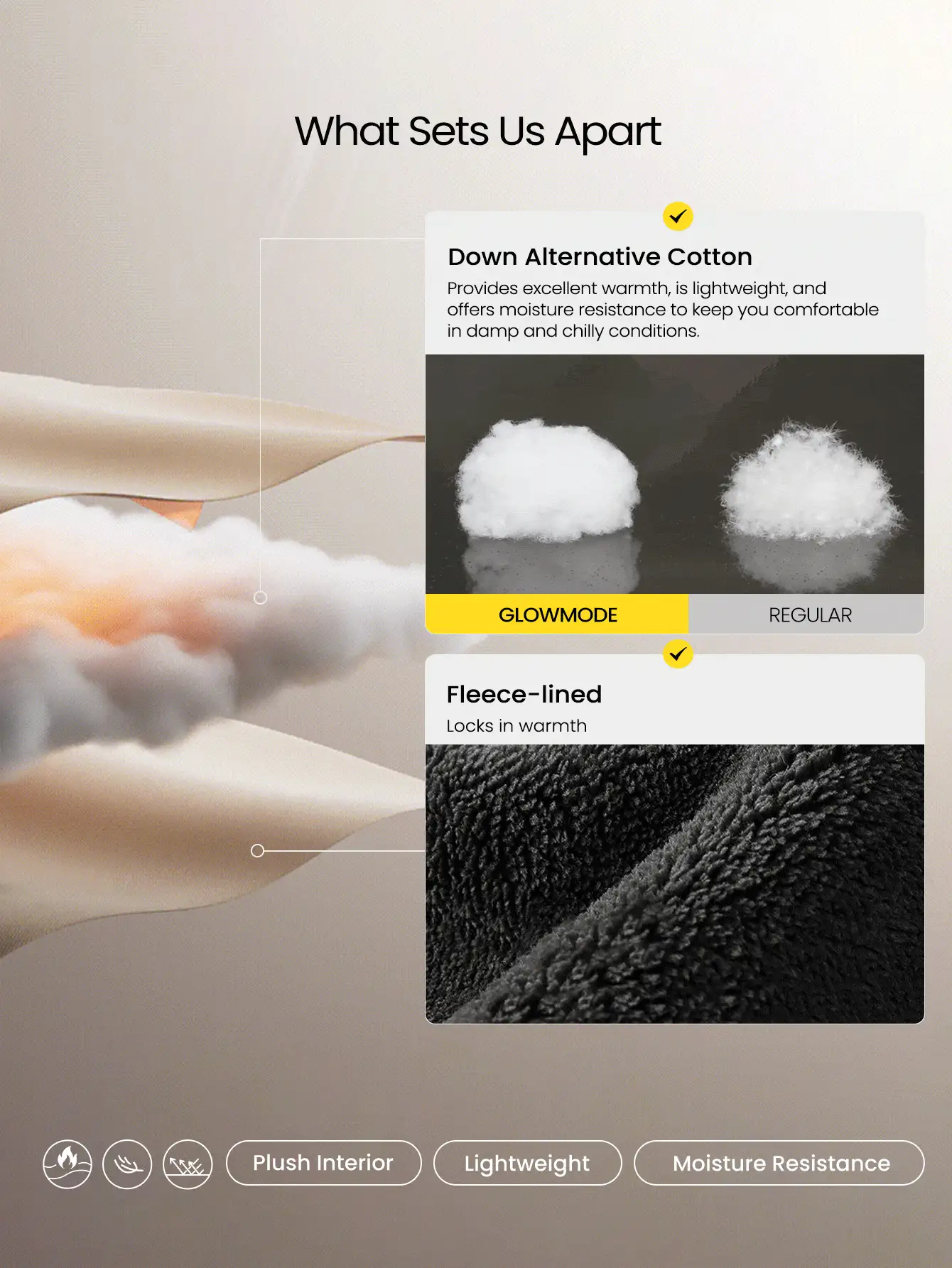 GLOWMODE 舒适丝滑保暖可调节抽绳下摆连帽羊毛内衬短款羽绒夹克秋冬户外日常休闲装 - 黑色 - 查看 2