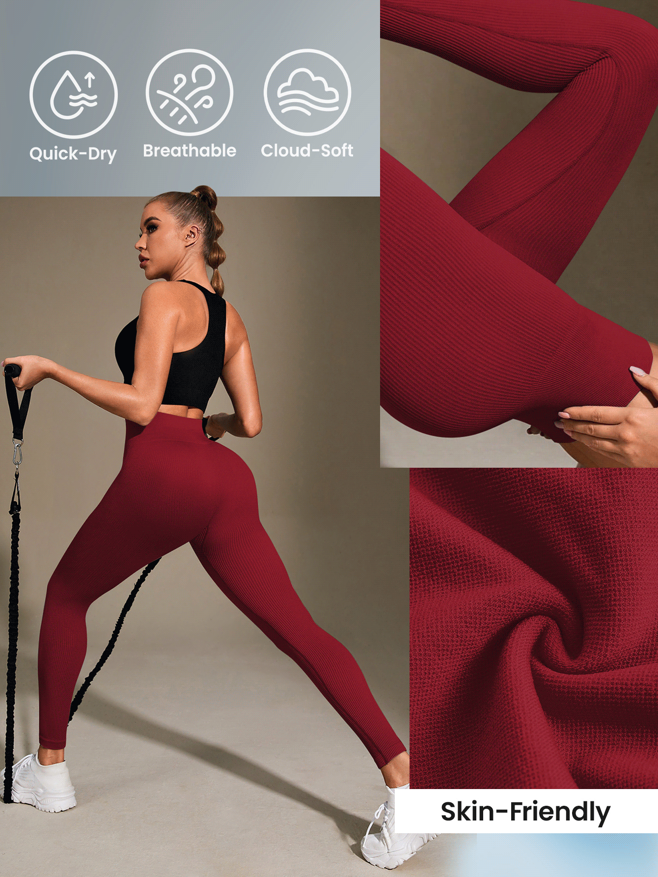 Seamluxe SHEIN Sport 女式高腰罗纹无缝修身打底裤 - 云朵柔软 第二层肌肤柔软度 速干透气 四向弹力打底裤 适合跑步 骑行 瑜伽 泡菜球 运动 休闲装，黑色 - 紅色 - 查看 8