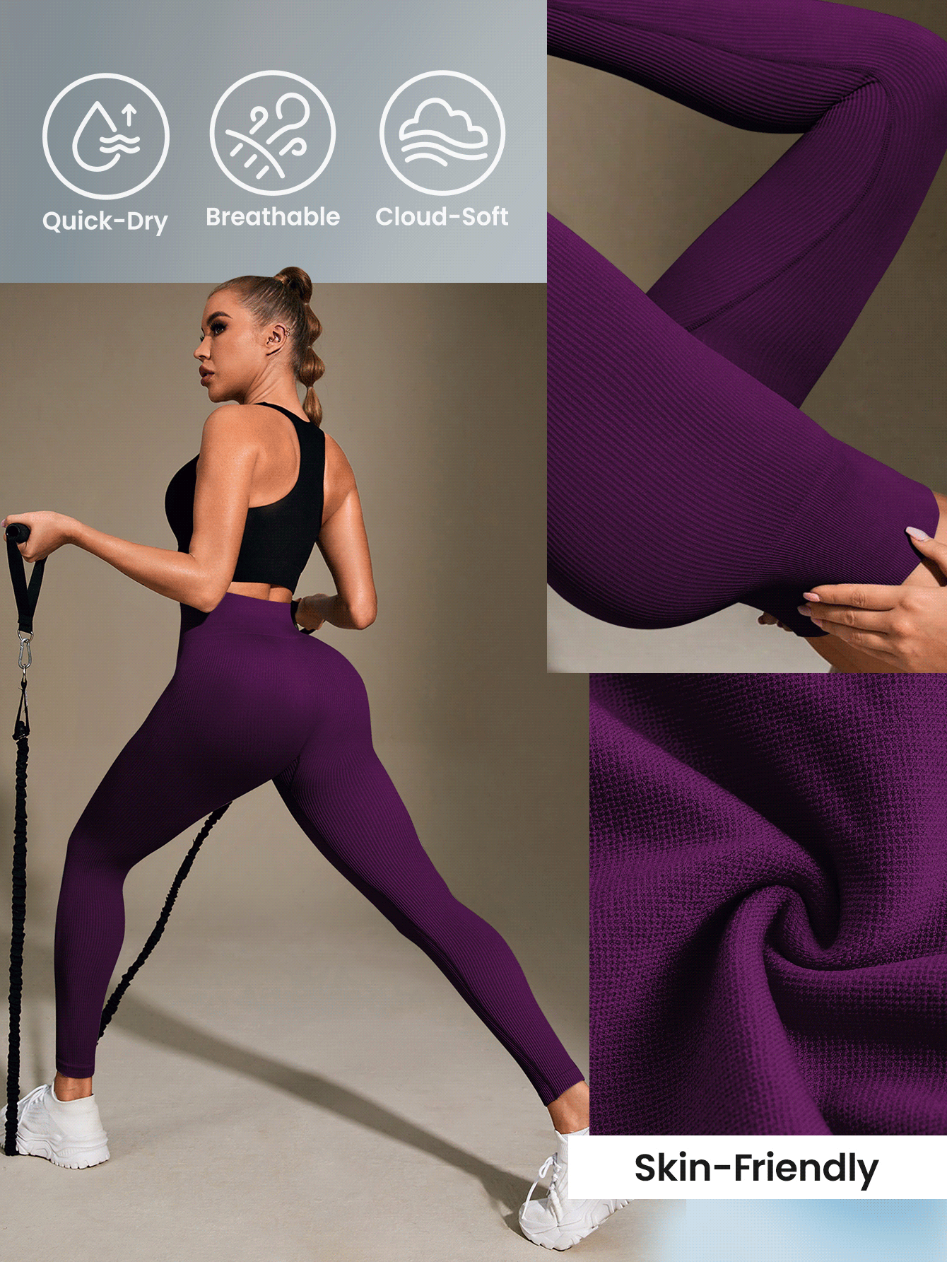Seamluxe SHEIN Sport High Waisted Ribbed Seamless Slim Leggings For Women - Cloud Soft Second-Skin Softness Quick-Drying Breathable 4-Way Stretch Legging For Running Cycling Yoga Pickleball Exercize Casual,Black Gym Clothes Legging - Purple - View 6