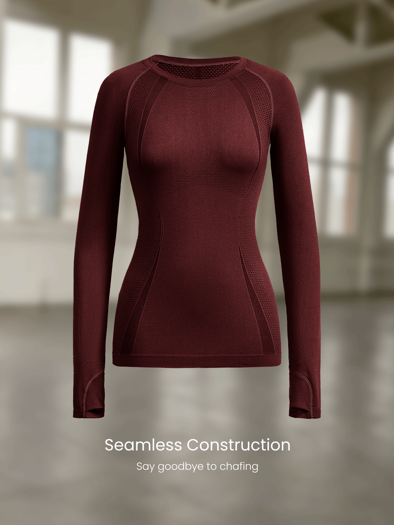 GLOWMODE Seamless Slimfit Long Sleeve Top Hip Length Antibacterial Lightweight Summer - Burgundy - View 6