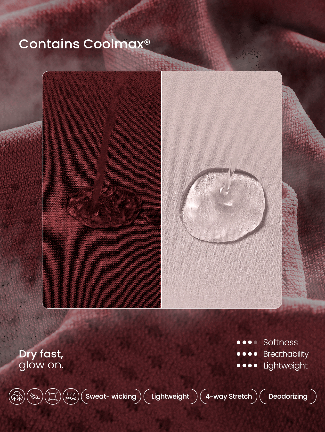 GLOWMODE Seamless Slimfit Long Sleeve Top Hip Length Antibacterial Lightweight Summer - Burgundy - View 2