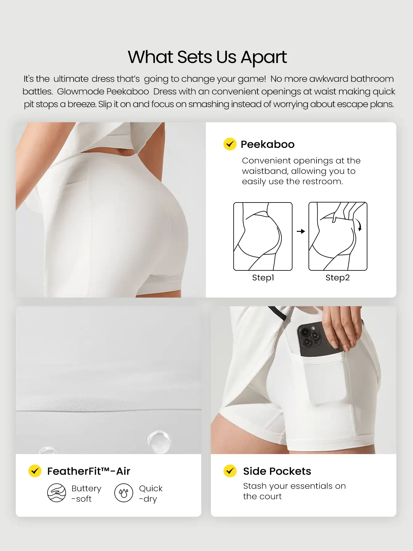 GLOWMODE Quick-Dry Adjustable Spaghetti Strap Contrast Color A-Line Dress Low Impact Tennis Golf Pickleball Daily Casual Wear - White - View 2