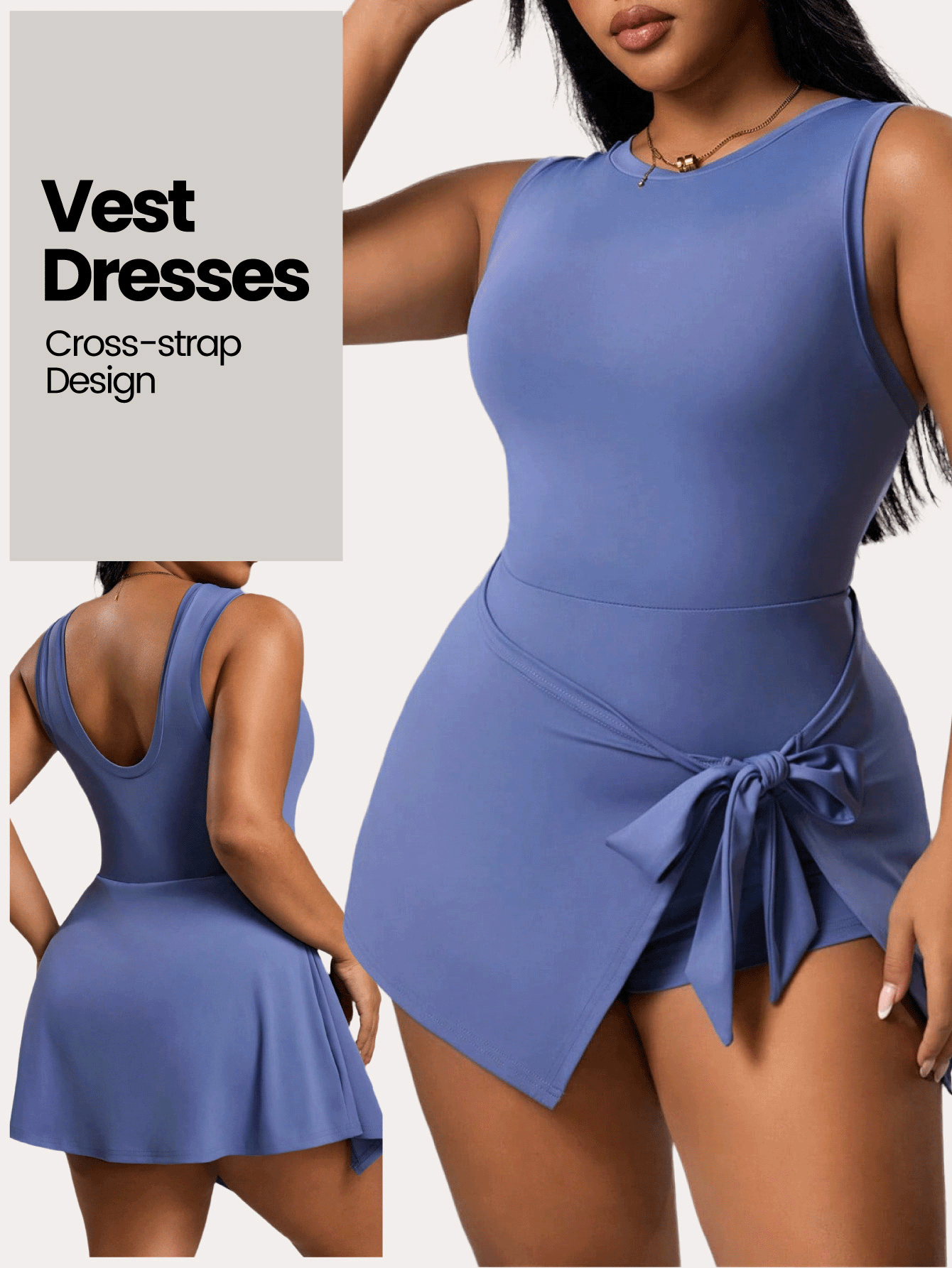 Dewbera Plus Size Solid Color Sleeveless Tie-Wrap Sports Dress Active Wear Dress Curve Athletic Dress Wrap - Dusty Blue - View 2