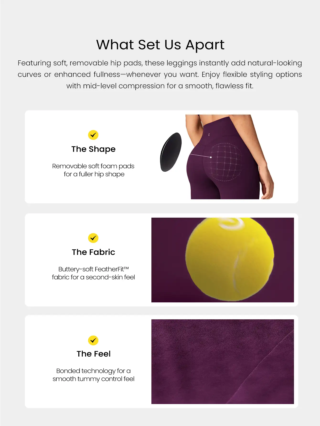 GLOWMODE 24英寸 FeatherFit™ 塑形提臀紧身裤，配有可拆卸臀垫，前缝设计，瞬间收腹，适合低强度瑜伽、普拉提、芭蕾健身、日常休闲穿着。 - Bold Plum - 查看 3