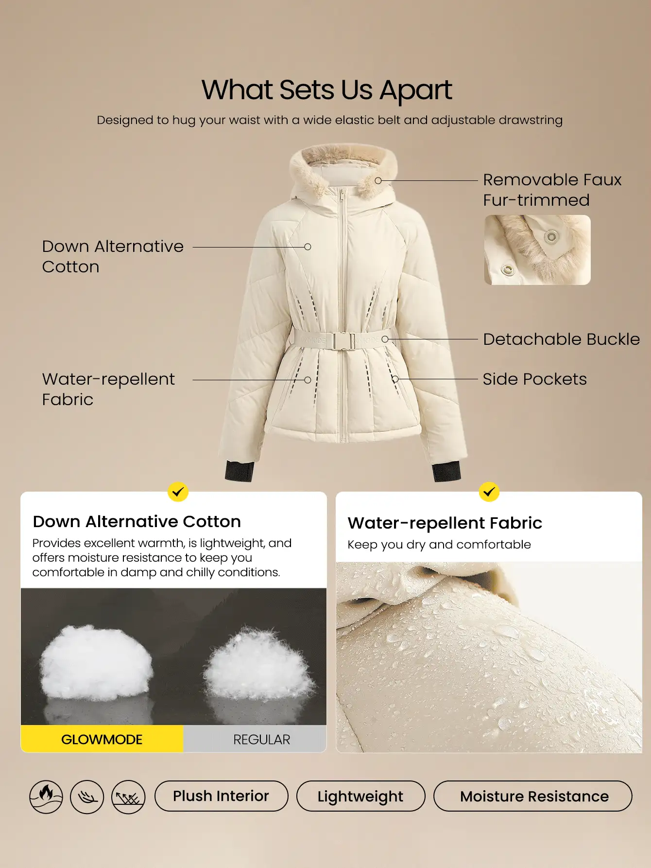 Veste matelassée à capuche en fausse fourrure légère et douce, déperlante, avec ceinture. Idéale pour les jours froids en automne et en hiver, pour un usage quotidien et en extérieur.