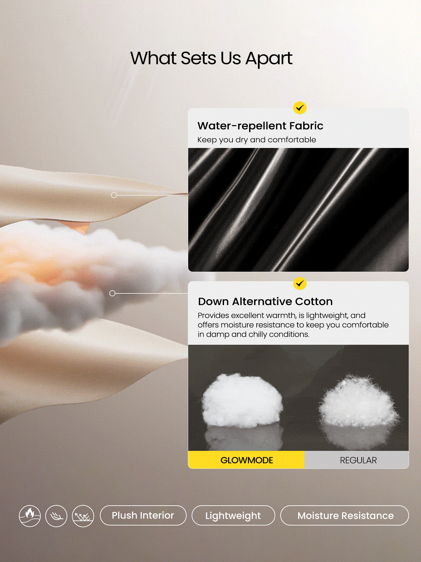 GLOWMODE VelvetShine 柔软轻盈光泽保暖防水宽弹力腰带可调节抽绳下摆风帽防羽绒修身连帽全拉链羽绒夹克秋冬户外日常休闲 - 黑色 - 查看 4