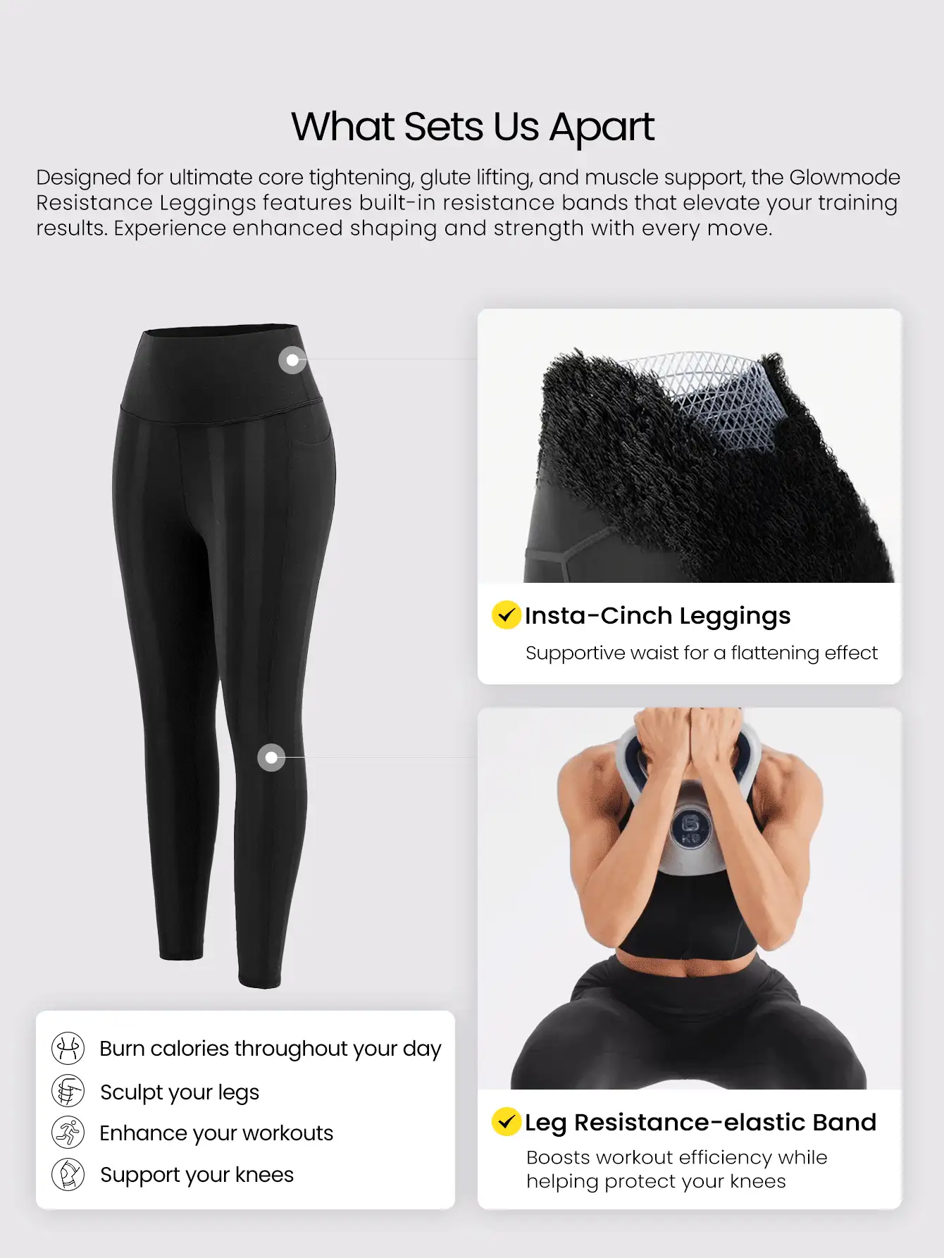 GLOWMODE Mallas de 24" con control de abdomen FeatherFit™, protección de rodillas, bolsillos laterales, de impacto medio para entrenamiento, trotar, gimnasio - Negro - Ver 2