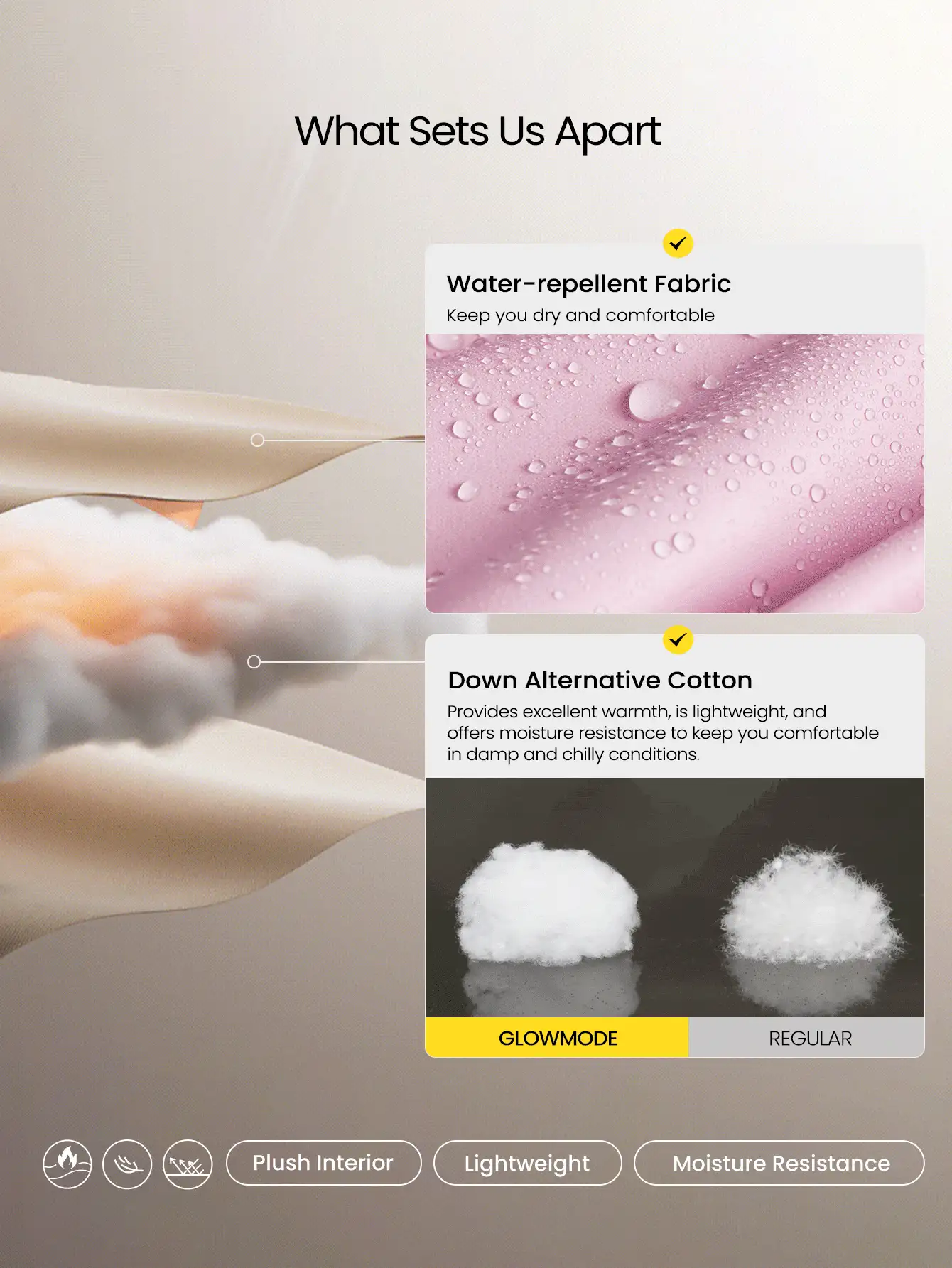 GLOWMODE VelvetShine Soft Lightweight Glossy Warm Water-Repellent Wide Elastic Waistband Adjustable Drawstring Hem Hood Down-Proof Slim-Fit Hooded Full-Zip Puffer Jacket Autumn Winter Outdoor Daily Casual - 淺粉色 - 查看 4