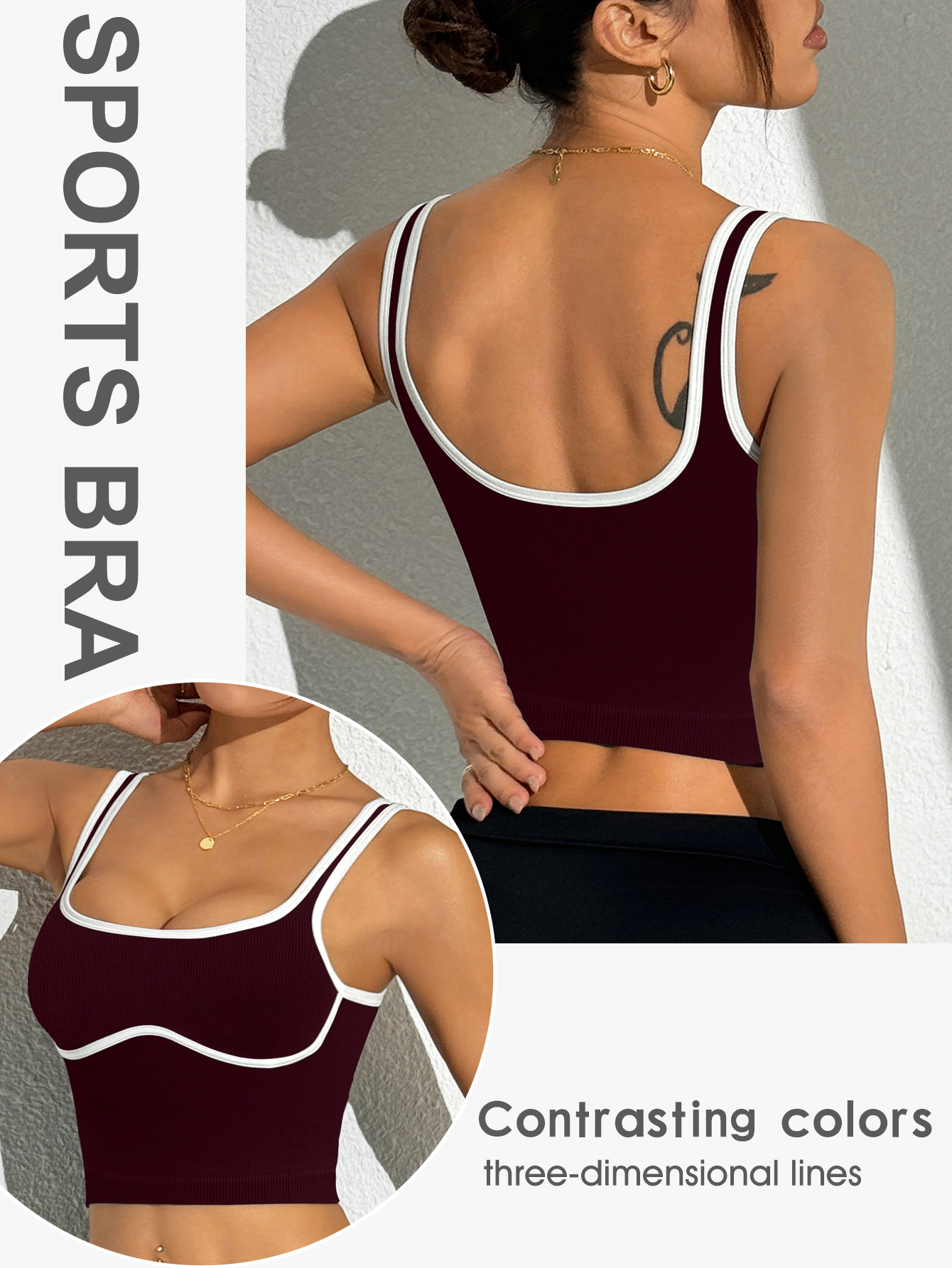 Slayform 女士夏季时尚撞色滚边露脐修身运动背心 - 酒紅色 - 查看 2