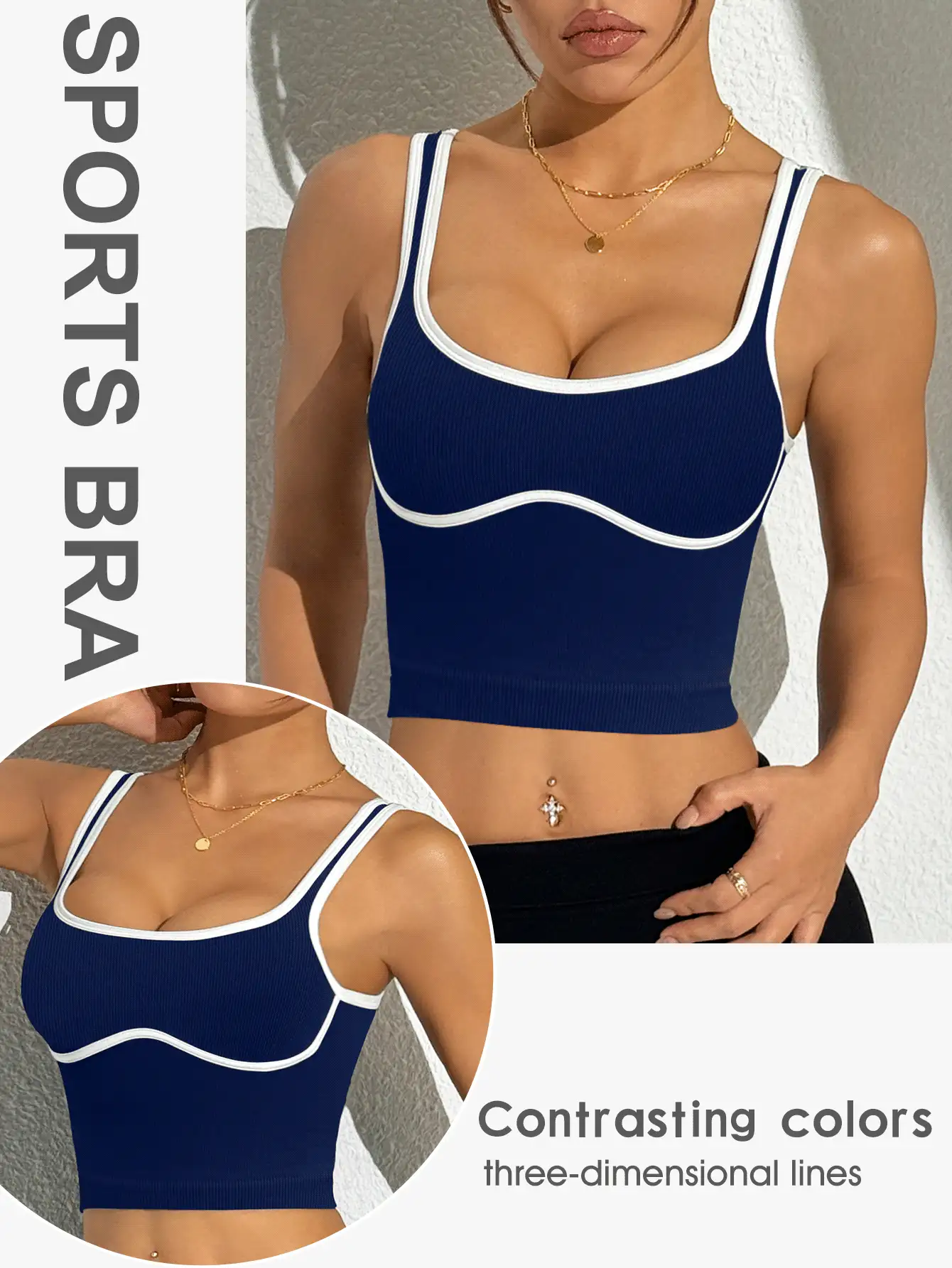 Slayform Top corto ajustado de activewear con ribete de contraste para mujer - Azul Marino - Ver 2