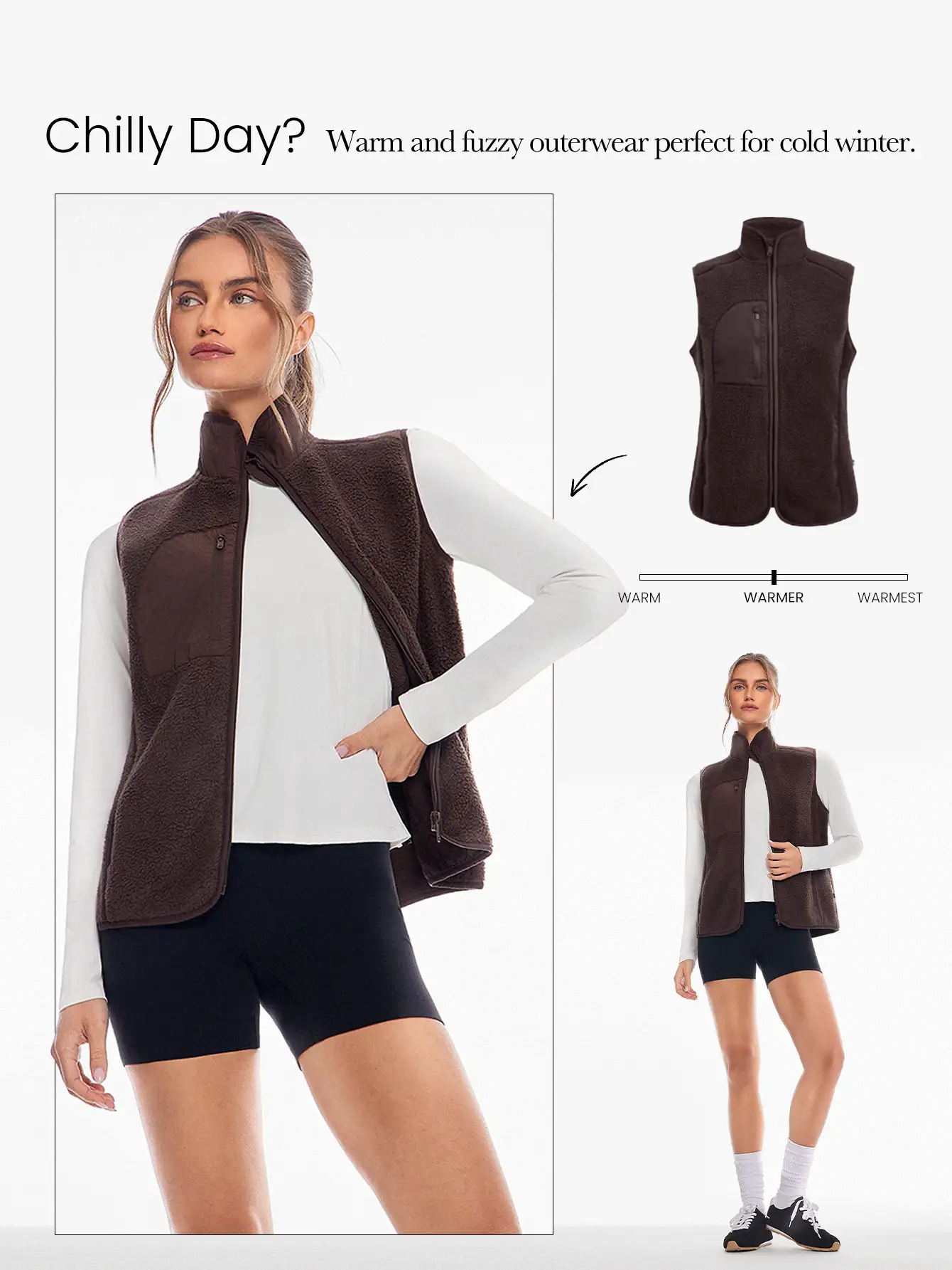 GLOWMODE Cozy Thick Polar Fleece Soft Warm Relaxed Fit Elastic Neck Armholes Vest With Front Pocket Daily Casual Winter - Chocolate Brown - View 7