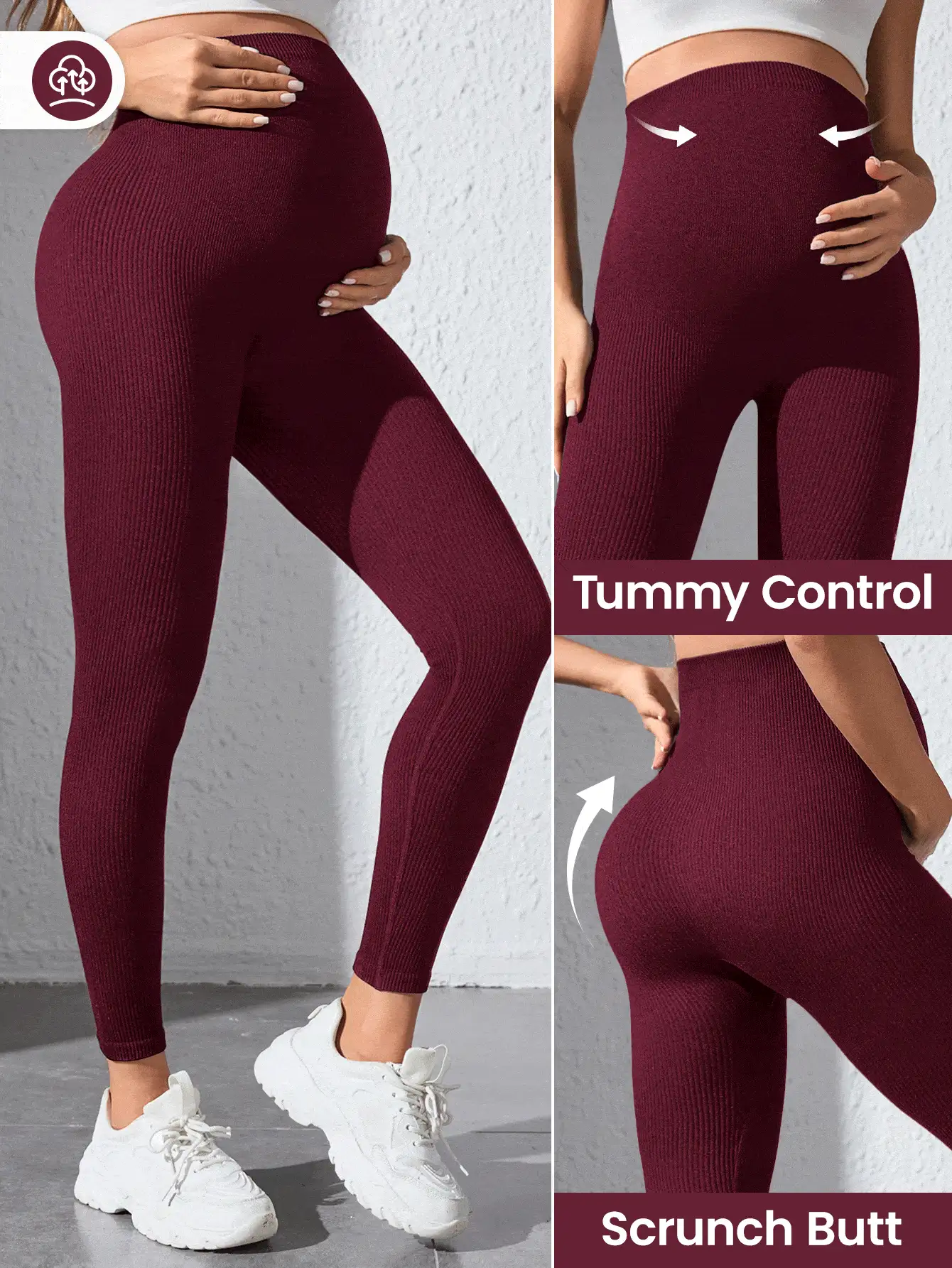 SHEIN Burgundy Seamless Ribbed Maternity Leggings - Burgundy - View 6