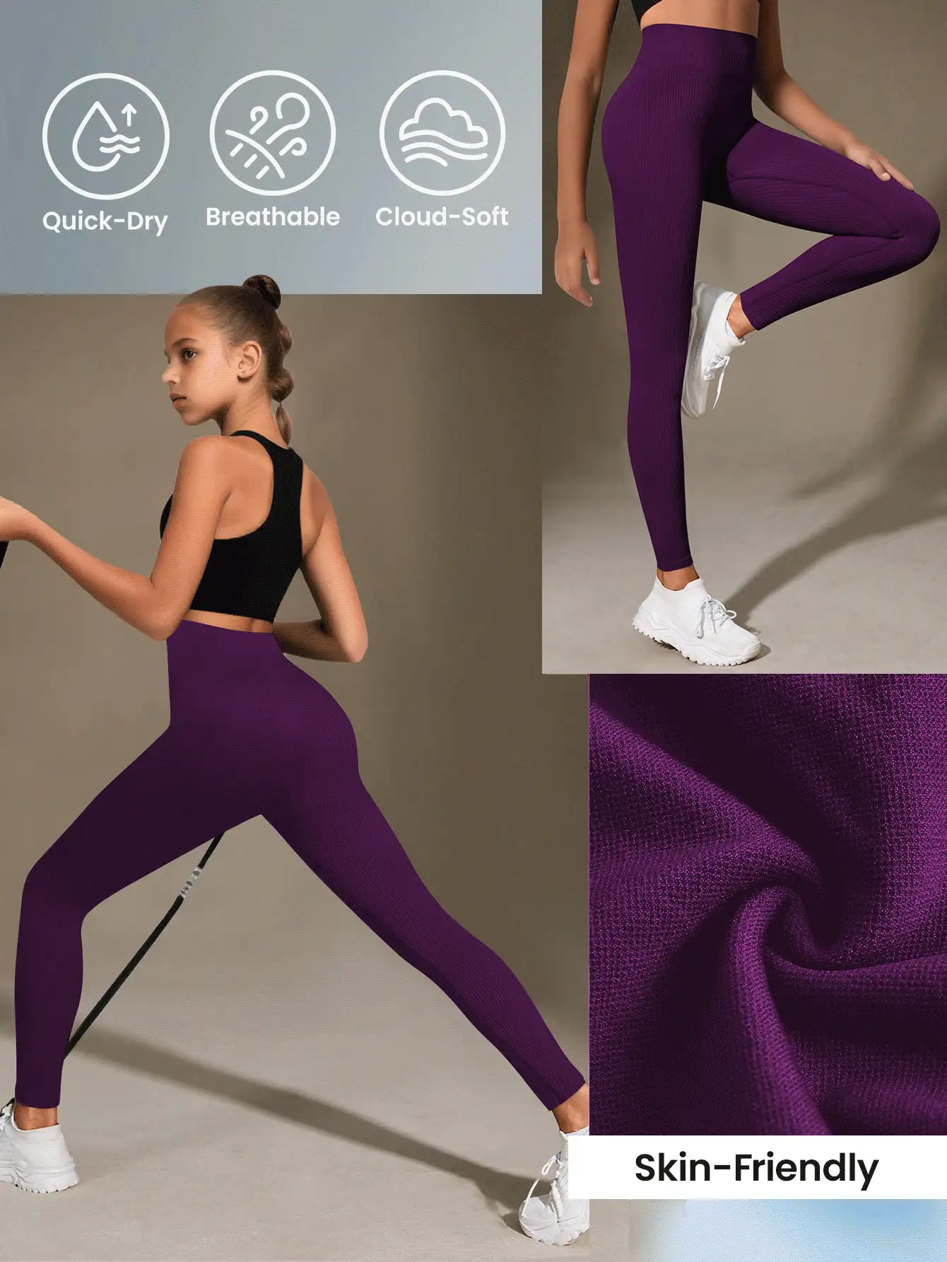 Quần legging thể thao lưng cao liền mạch có gân cho bé gái tuổi teen - Quần legging mềm mại như làn da thứ hai, nhanh khô, thoáng khí, co giãn 4 chiều, dùng để chạy bộ, đạp xe, tập yoga, bóng chày, thường ngày, màu đen - Màu tím - Xem 8