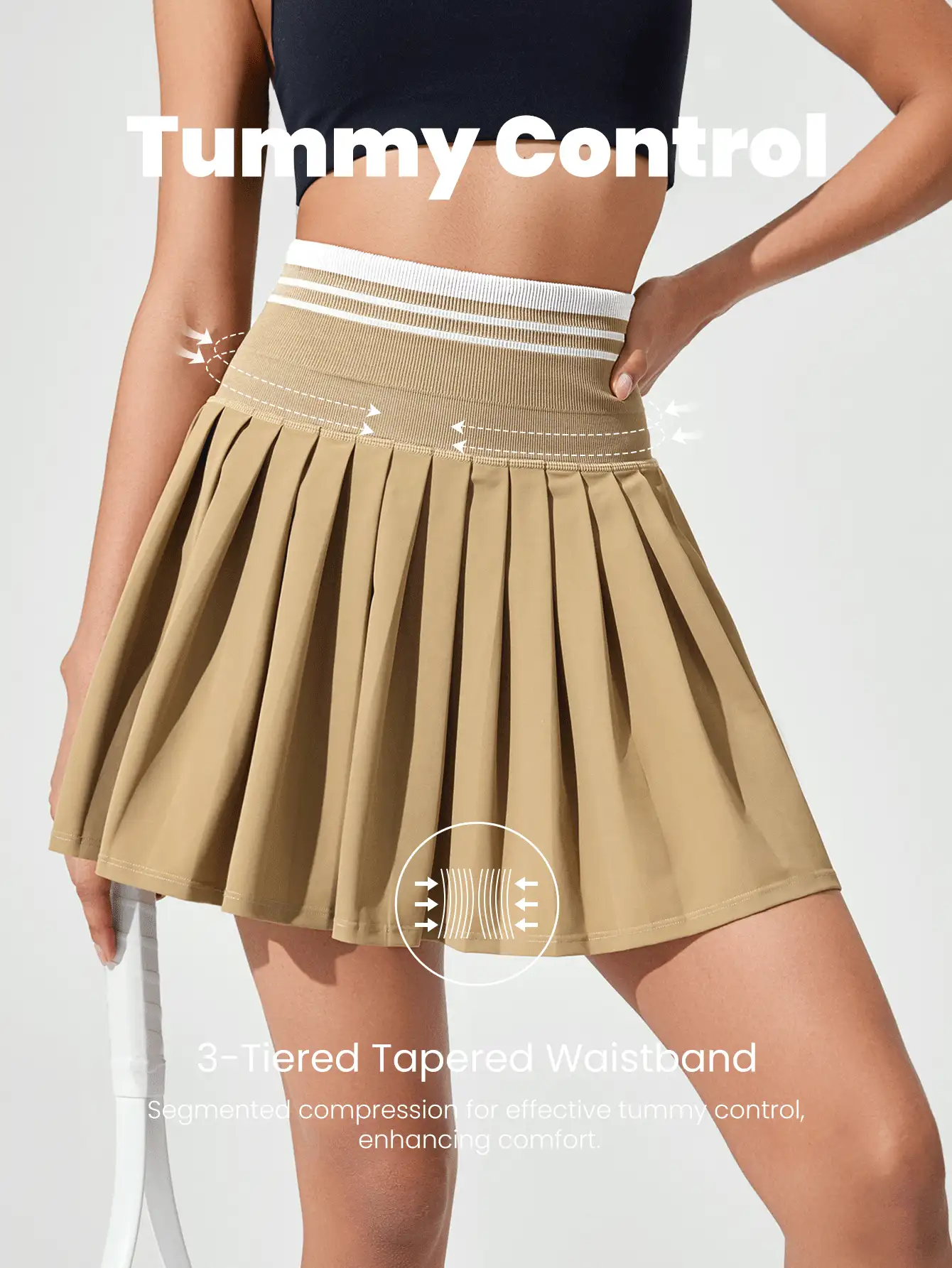 GLOWMODE 凉爽舒适，收腹提臀，无缝腰部褶裥裙，内置短裤，侧边口袋，防滑手柄，适合网球、高尔夫、健身房和日常休闲穿着。 - 駝色 - 查看 2