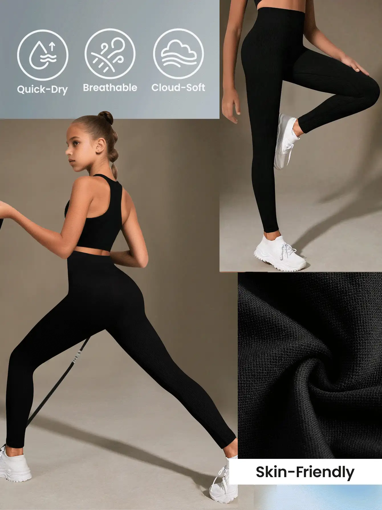 Teen Girls Activewear Black Seamless High Waist Ribbed Leggings, Cloud-Soft Second Skin Feel, 4-Way Stretch, Suitable For Running, Cycling, Yoga, Pickleball And Other Sports & Casual Wear