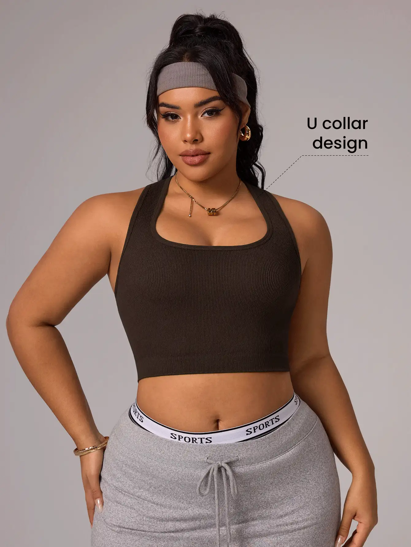 Rhythm Era Plus Size Women Solid Color Racerback Seamless Fitness Tank Top Crop Top Racerback Black Crop Top - Coffee Brown - View 6