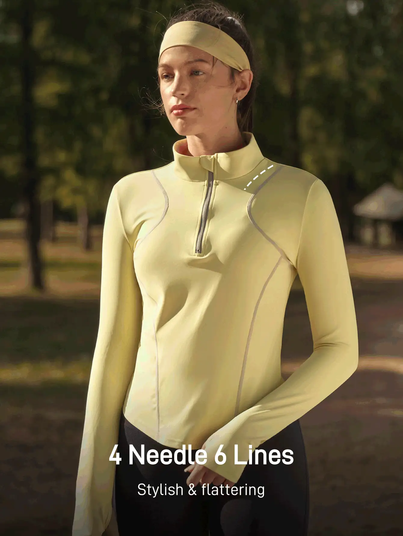 SHEIN In My Nature 女士半拉链高领短袖/长袖T恤，撞色缝线，适合徒步和露营等户外活动穿着 - 黃色 - 查看 2