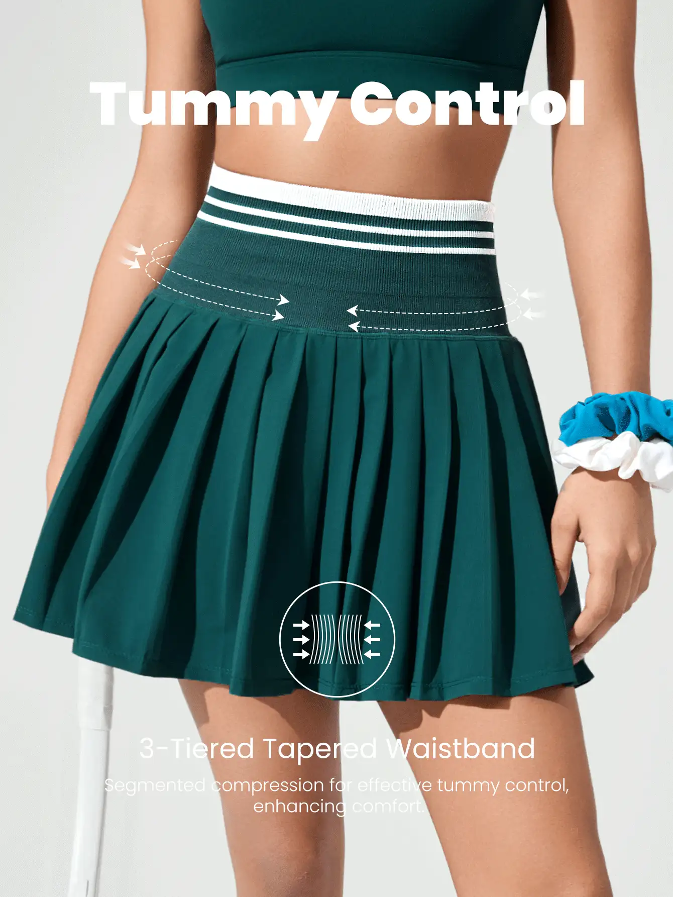 Cool Feel Tummy Control Seamless Waist Pleated Skirt With Built-In Shorts Side Pockets Non-Slip Grips Tennis Golf Gym Daily Casual