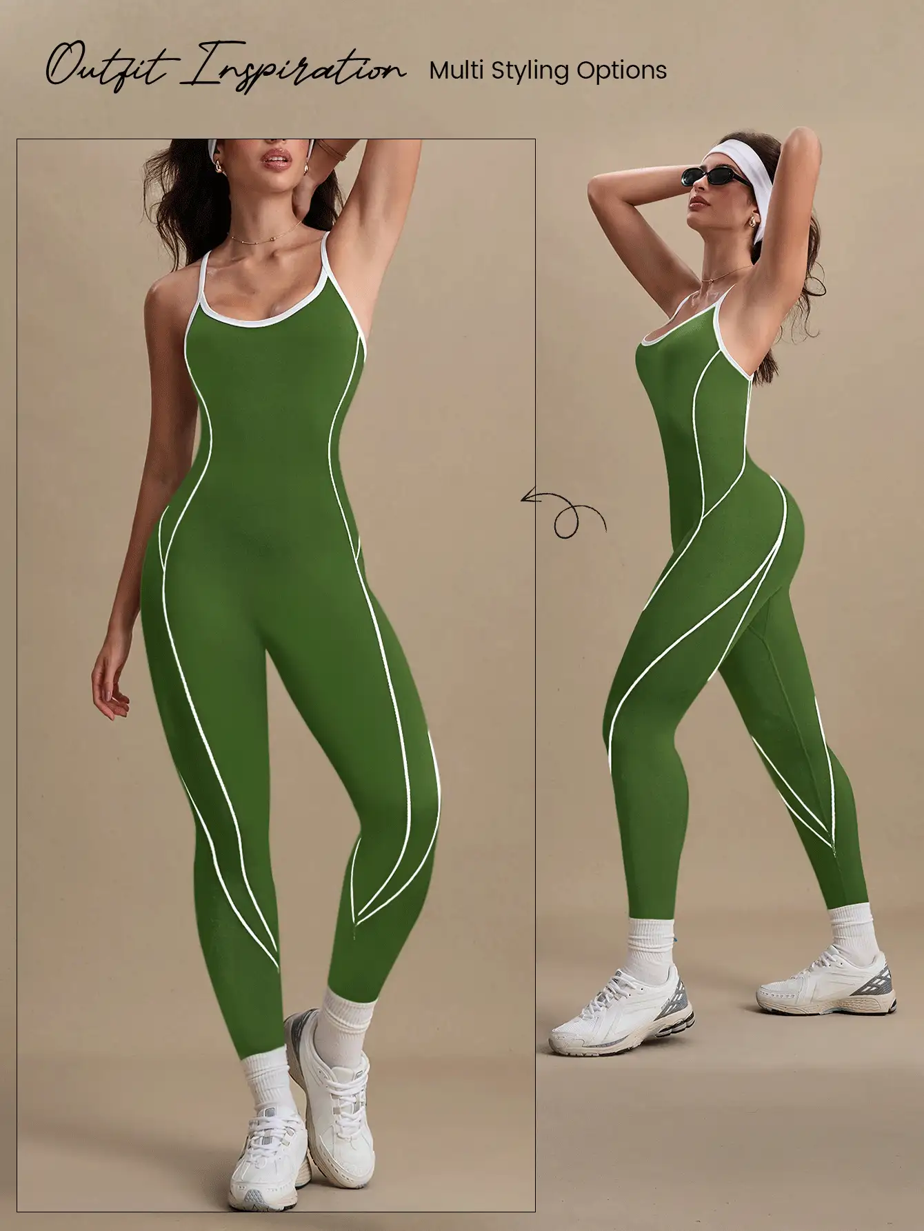 Eassivo Eassivo Contrast Trim Backless Camisole Seamless Fitted Jumpsuit - Olive Green - View 6
