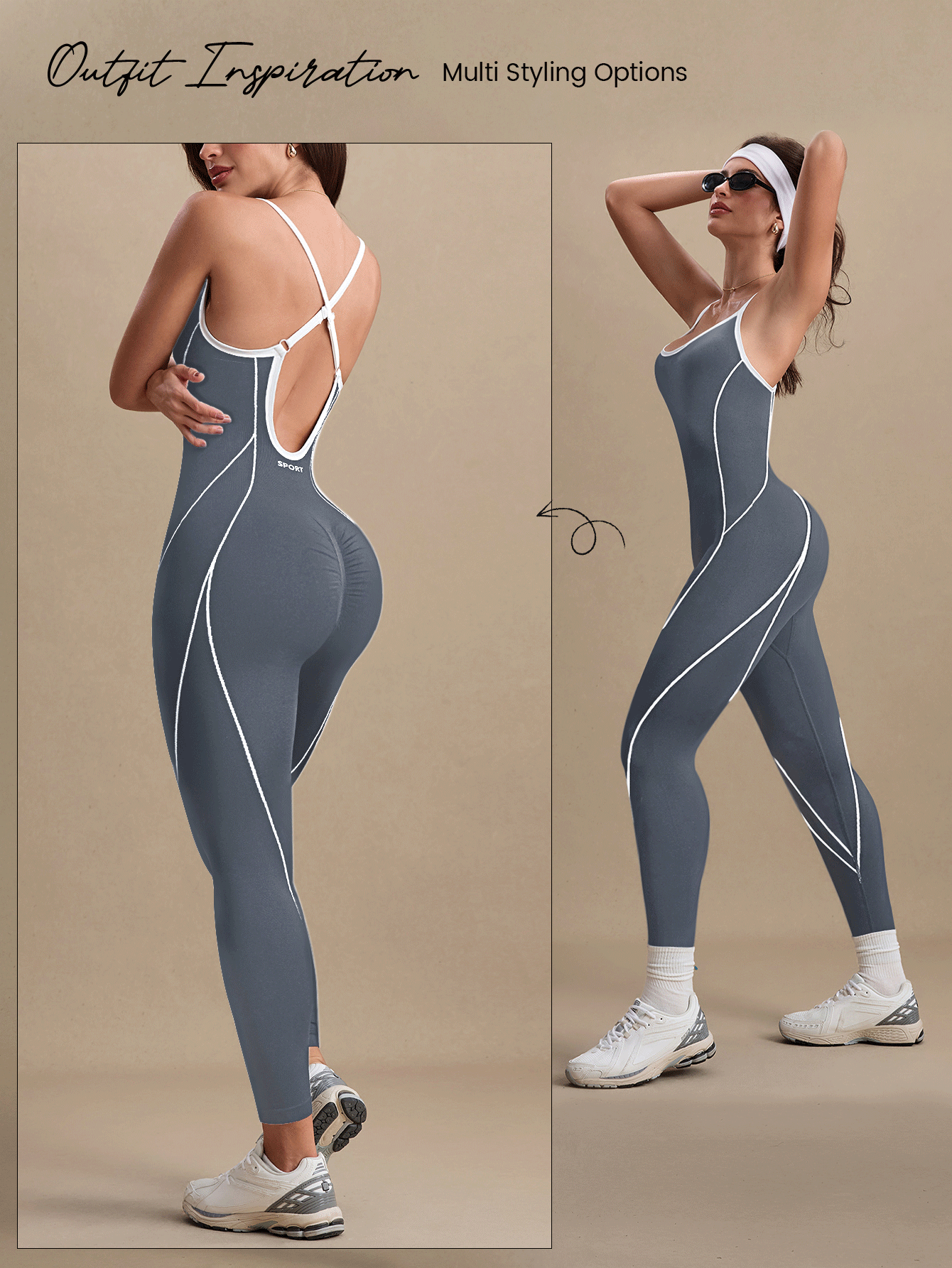 Eassivo Eassivo 女士时尚无缝交叉露背运动连体裤，夏季 - 灰色 - 查看 6