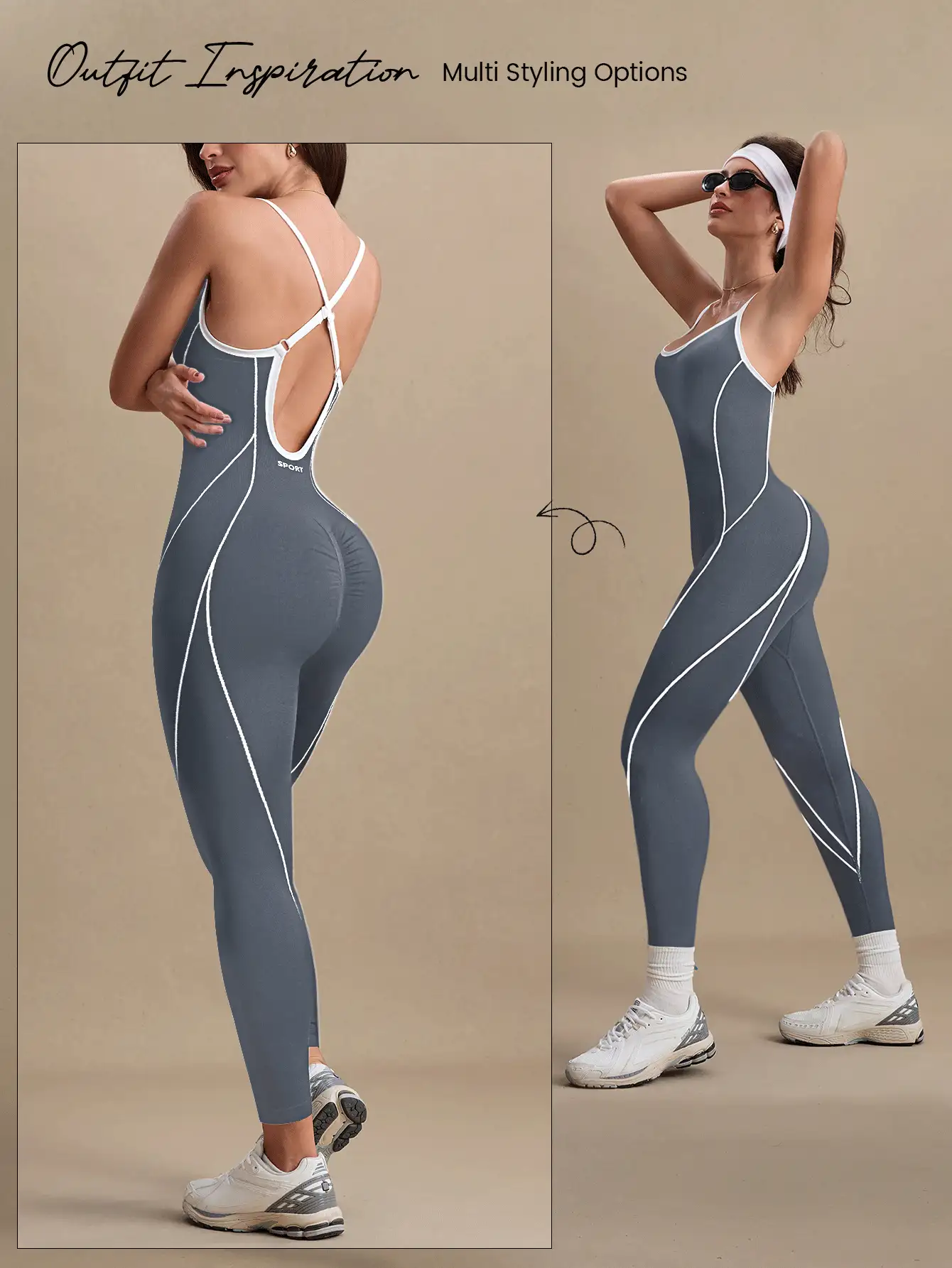 Eassivo Eassivo 女士时尚无缝交叉露背运动连体裤，夏季 - 灰色 - 查看 6