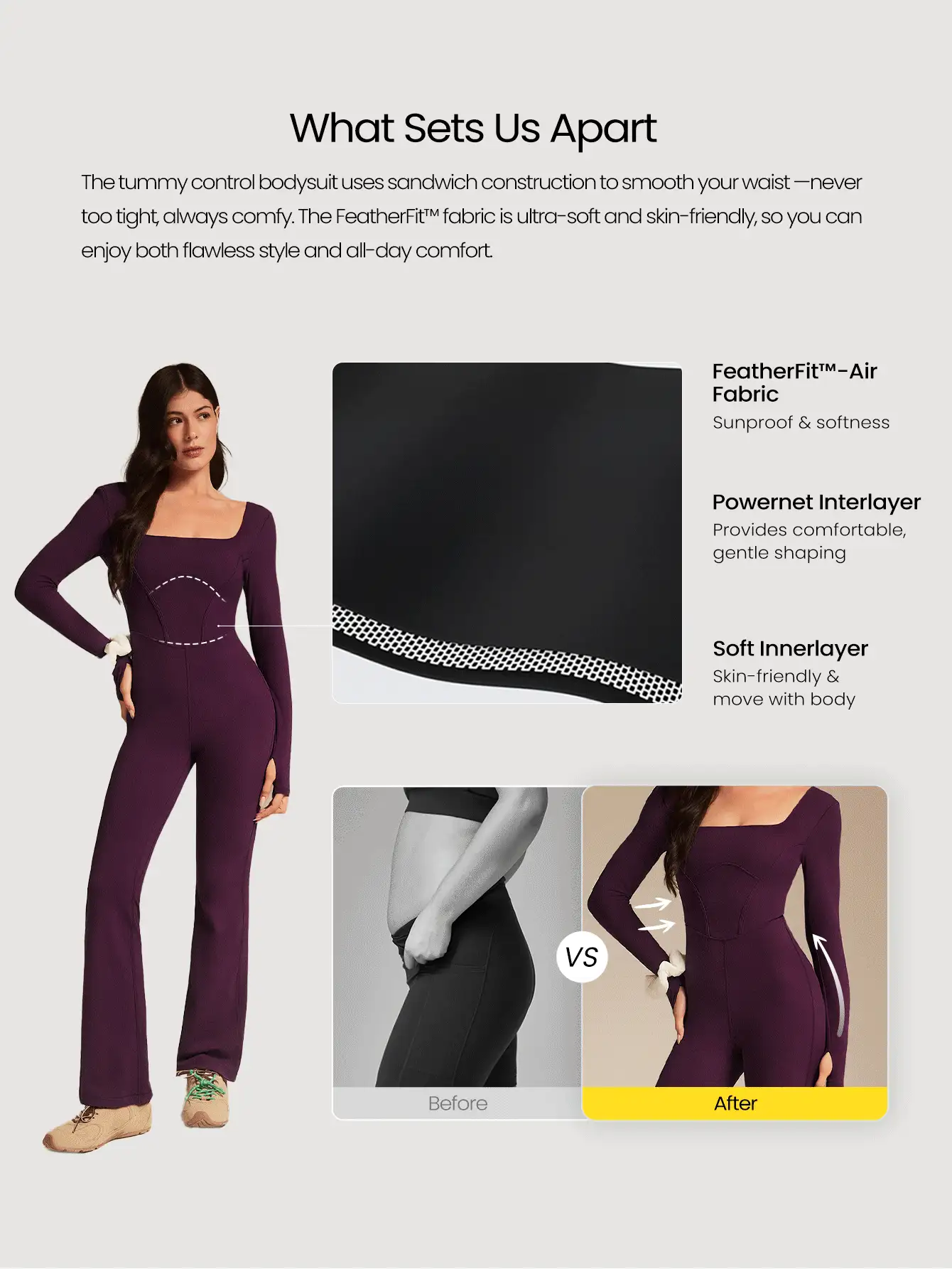 GLOWMODE FeatherFit™-Air 防晒无褶皱轻盈方领露背长袖喇叭裤连体衣，带拇指孔，适合日常休闲穿着，低冲击力，可拆卸胸垫 - Bold Plum - 查看 2