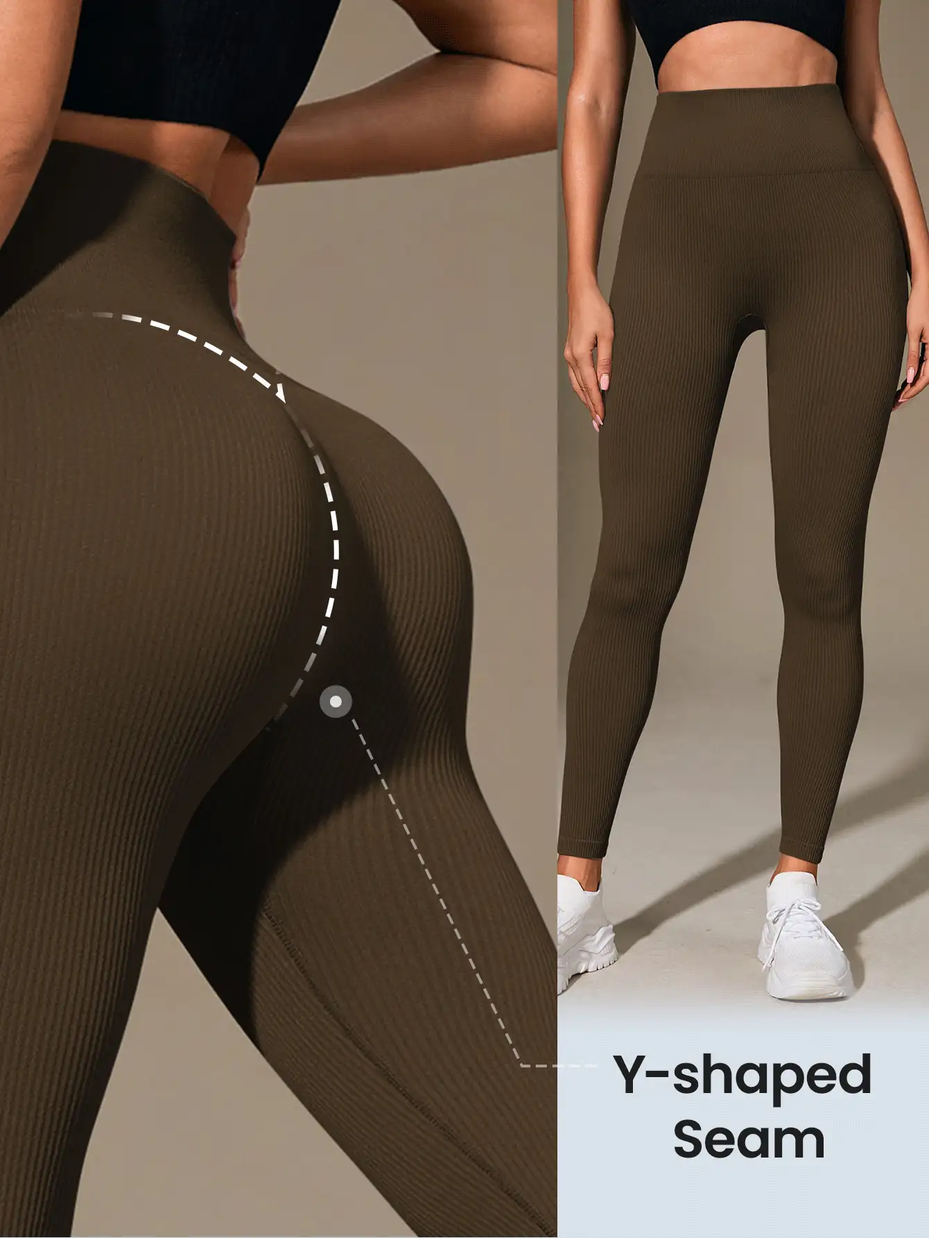 SHEIN Sports 女式高腰罗纹无缝修身打底裤 - 云朵柔软 第二层肌肤柔软度 速干透气 四向弹力打底裤 适合跑步 骑行 瑜伽 泡菜球 运动 休闲装,黑色 - 棕色 - 查看 7