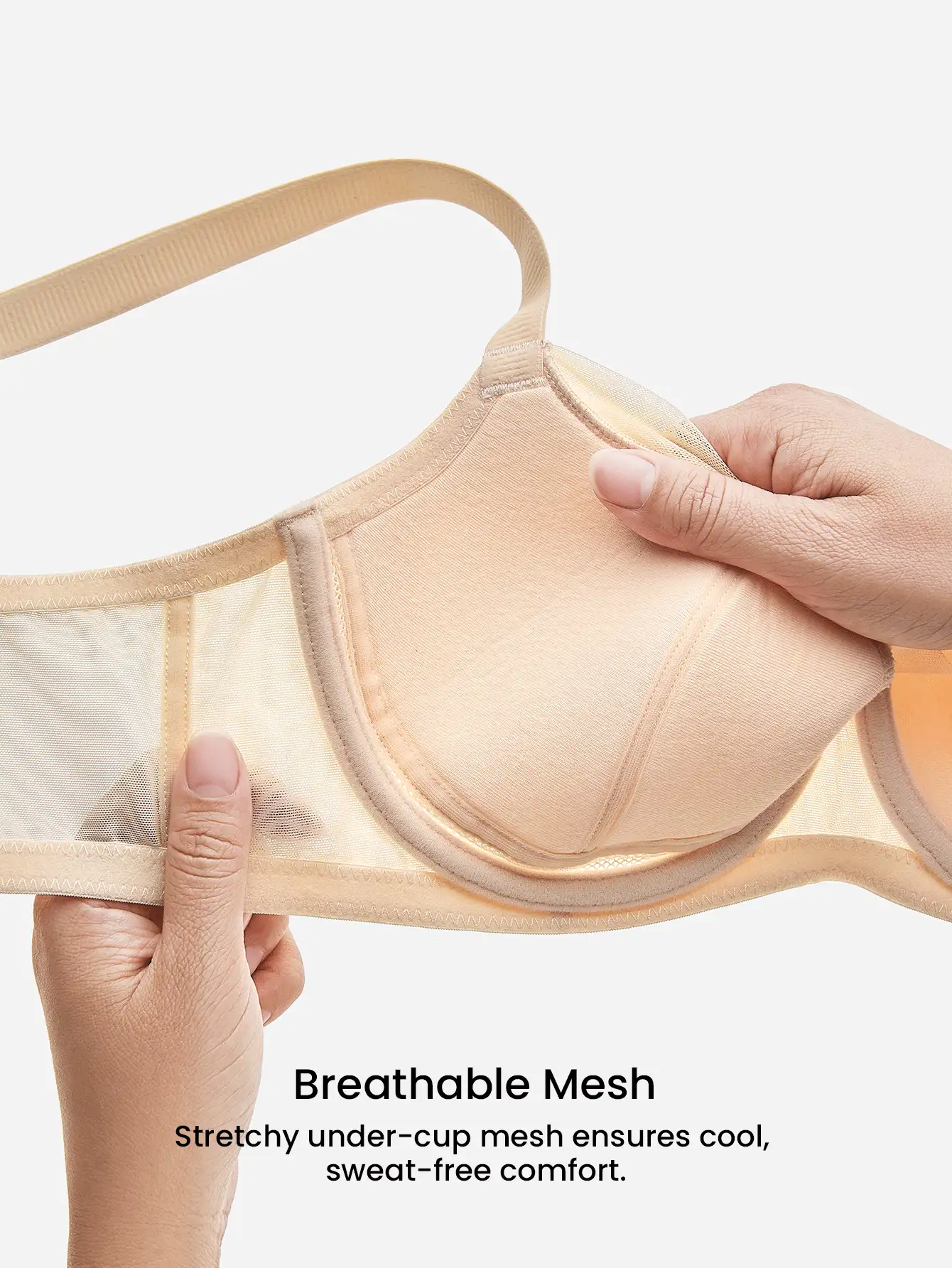 LUVLETTE Underwire Lightly Lined Nude Mesh Lace Push-Up Support Invisible Sheer Minimizer  Lingerie Bra - Apricot - View 2