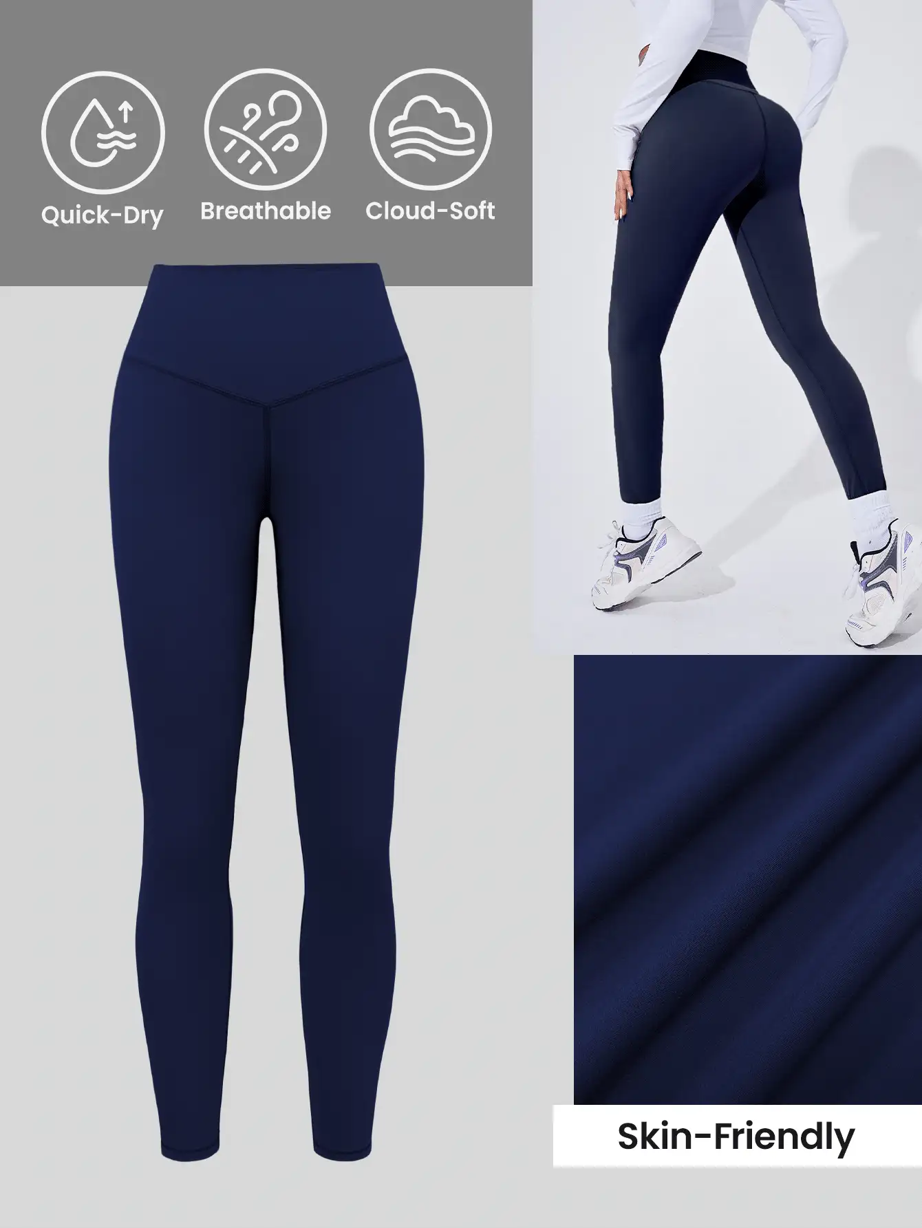 Easithlete Pantalones de yoga para mujer con cintura ancha de unicolor y versátil para uso casual - Azul Marino - Ver 3