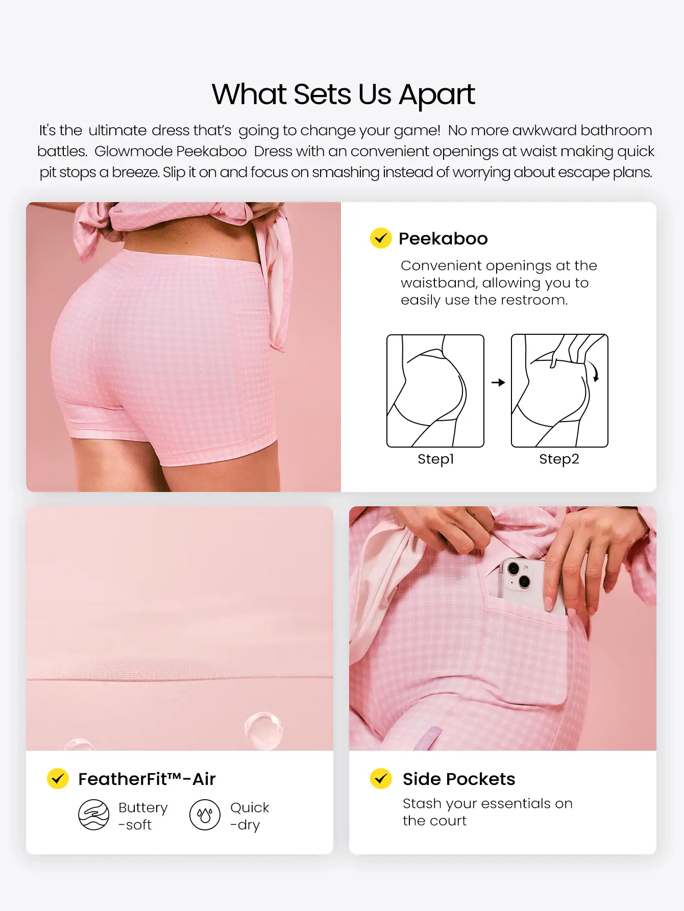 FeatherFit™-Air Elevate A-Line Built-In Peekaboo Short Pocket Mini Slip Dress Low Impact Daily Summer Quick Dry Moisture Wicking