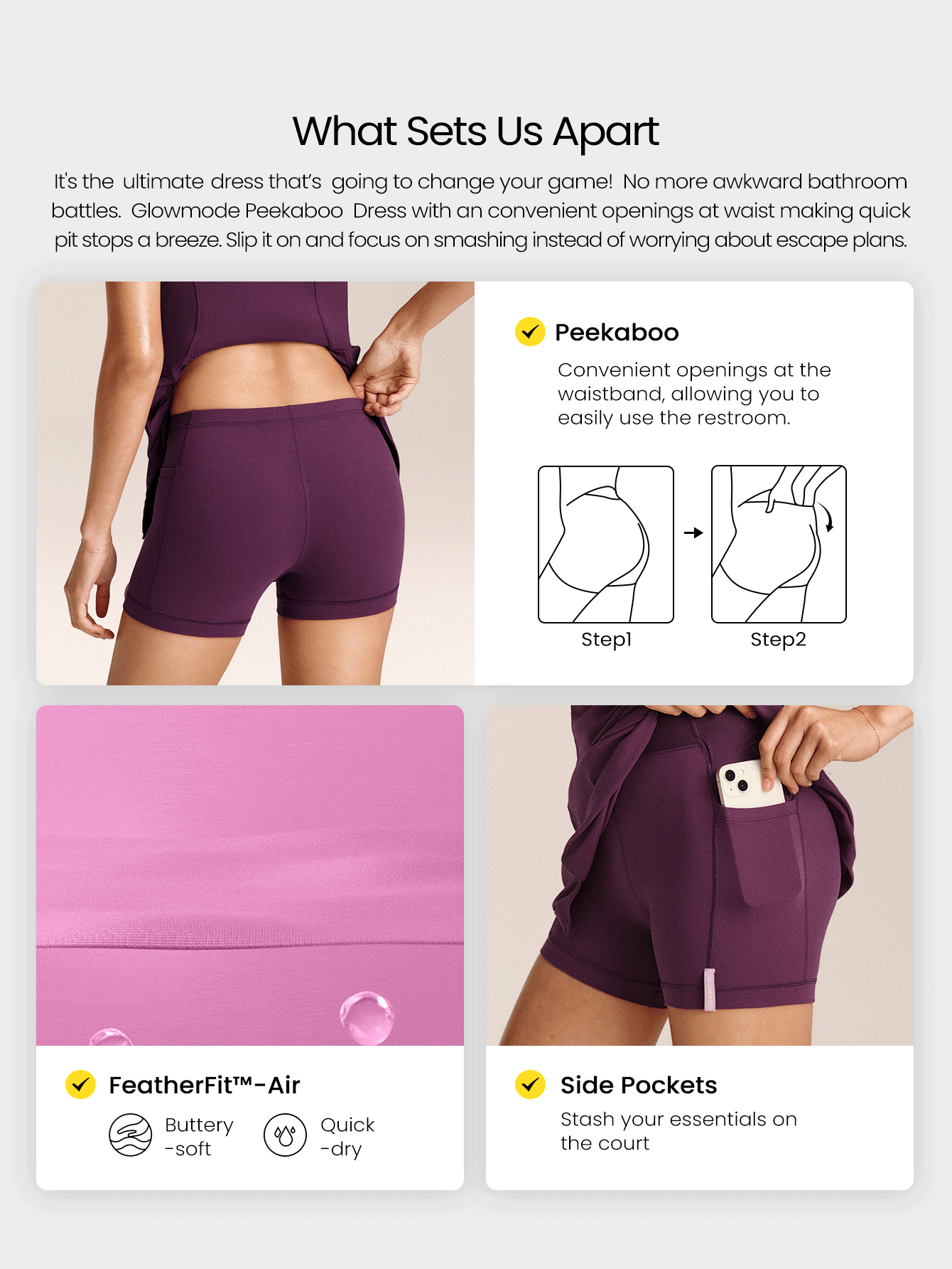 GLOWMODE FeatherFit™-Air Elevate A-Line Built-In Peekaboo Short Pocket Mini Slip Dress Low Impact Daily Summer Quick Dry Moisture Wicking - Purple - View 2