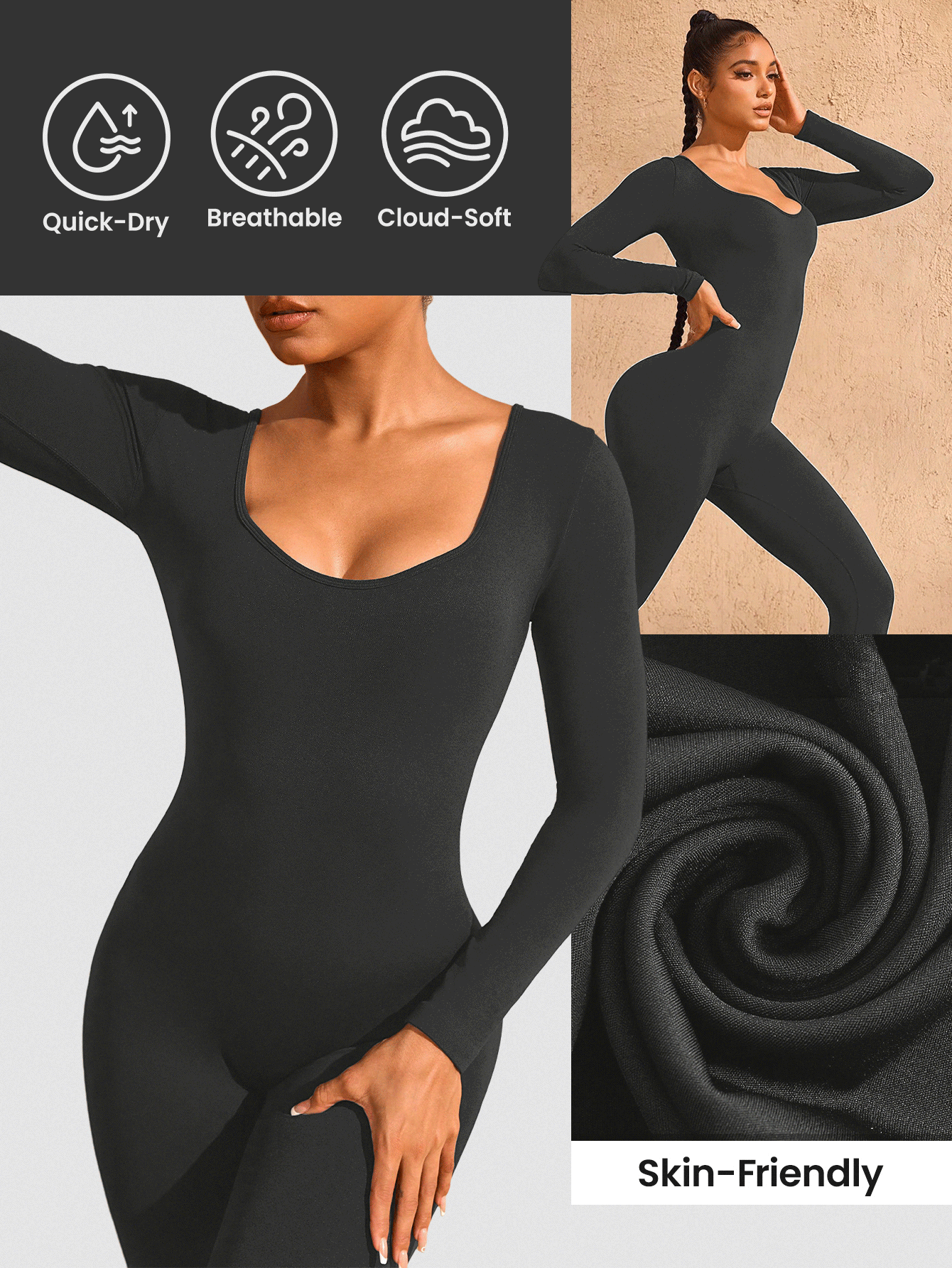 Women's Solid Color Round Neck Casual Daily Sports Seamless Jumpsuit - Dark Grey - View 6