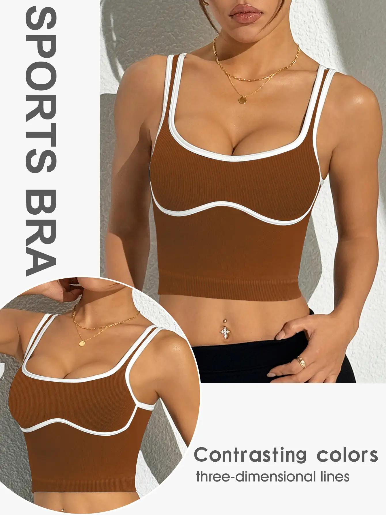 Slayform Áo tank top thể thao dáng ngắn ôm sát với viền tương phản - Màu nâu Sô-cô-la - Xem 2