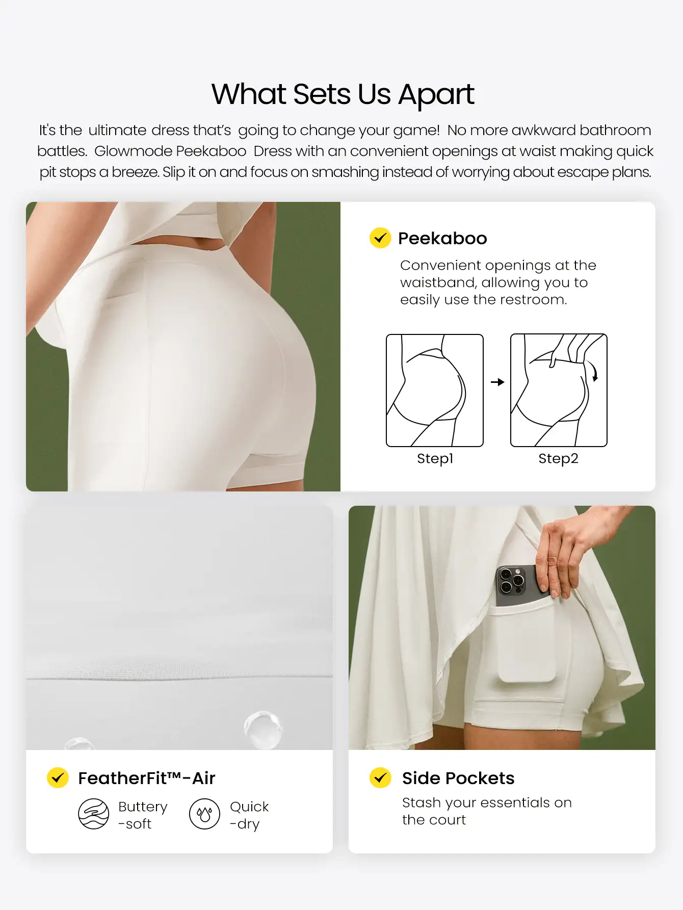 GLOWMODE 自信满满，内置胸垫，超高腰，后背扭结设计，侧开衩下摆，内置短裤，侧边口袋，防滑设计，圆领娃娃衫连衣裙，日常休闲装 - 白色 - 查看 2